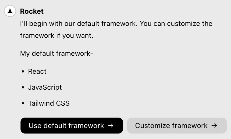 Dialog showing the default Web App stack with React, JavaScript, and Tailwind CSS, and a button to proceed.