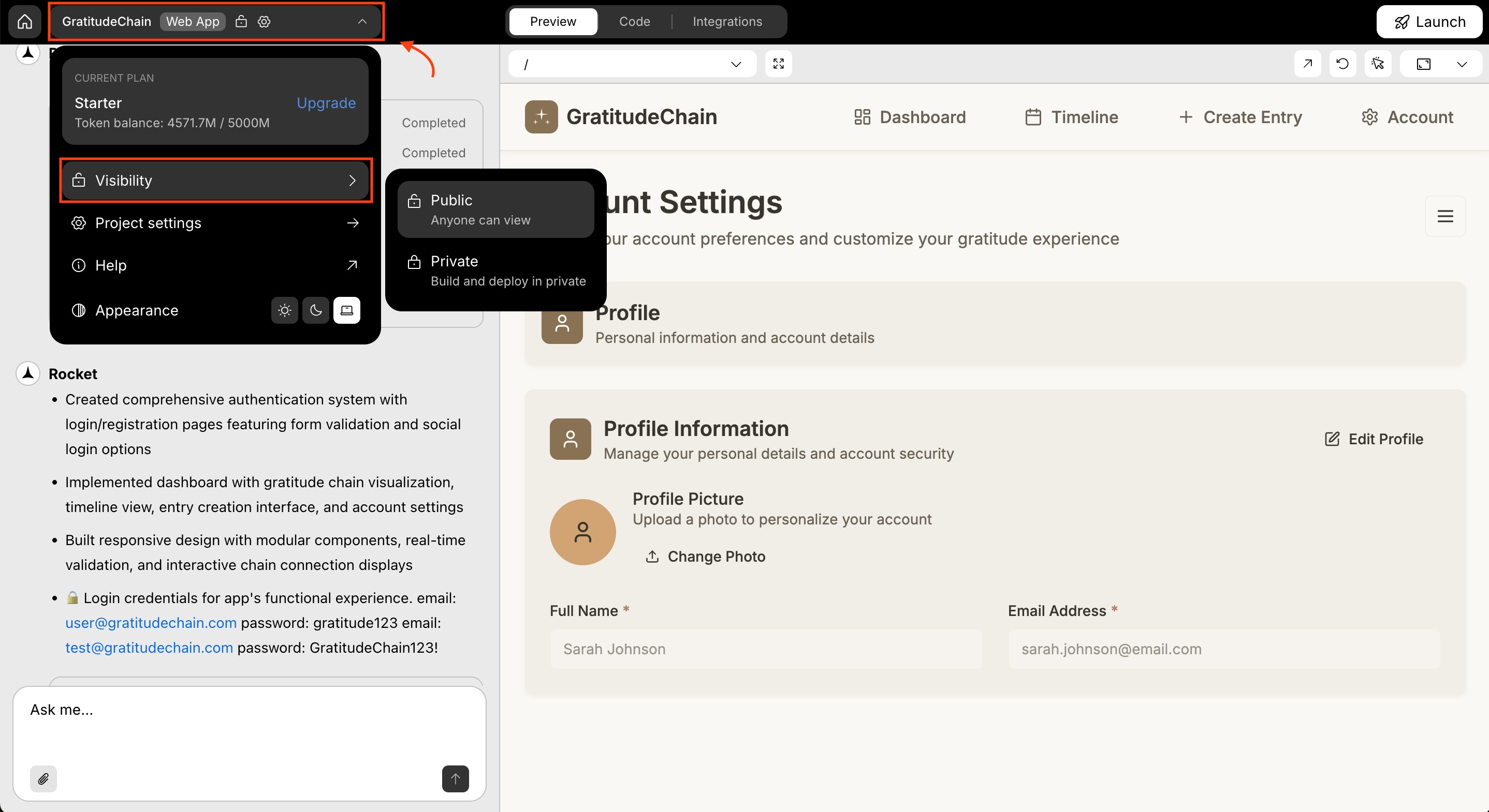 Project header with a dropdown next to the app name for switching visibility.