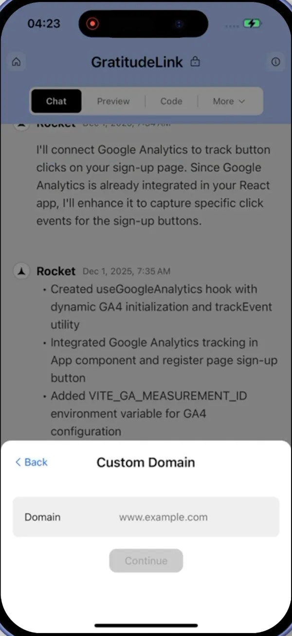 Text input for adding your domain to Rocket on mobile.