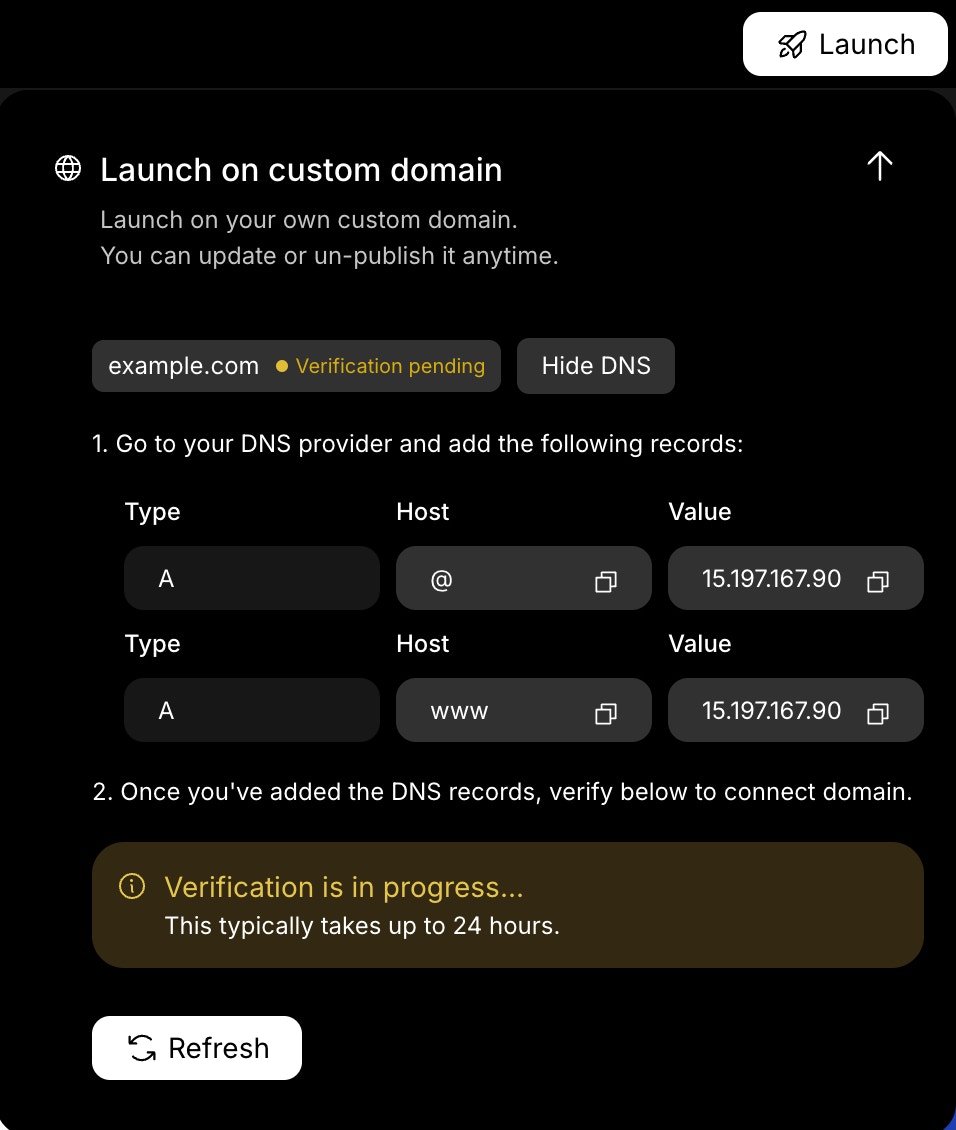 DNS records provided by Rocket for domain verification.