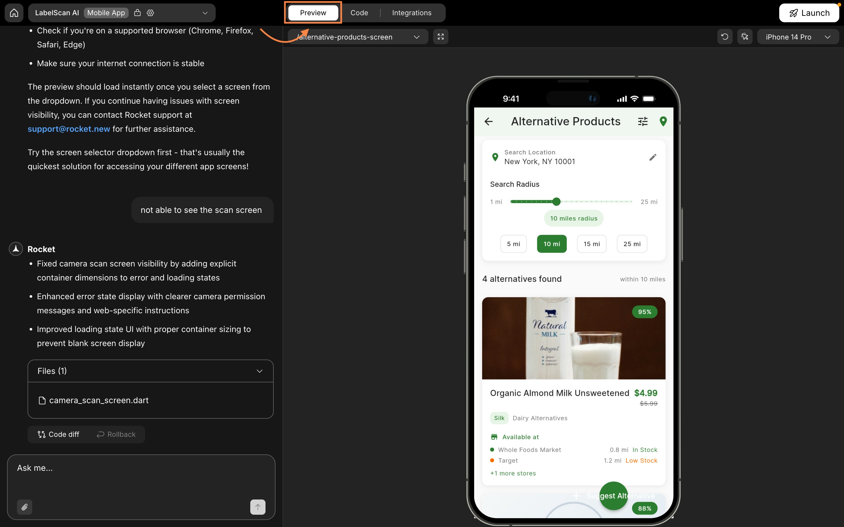 Rocket's preview panel showing a mobile app screen inside the workspace.