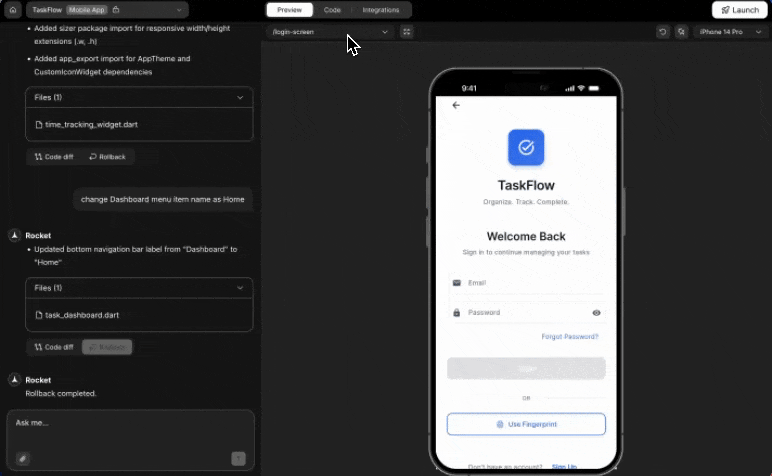 Currently viewing dropdown for switching between screens in preview mode.