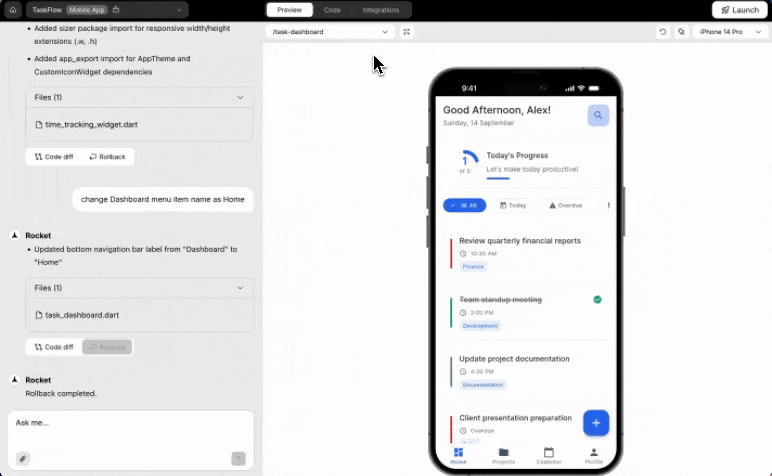 Currently viewing dropdown for switching between screens in preview mode.