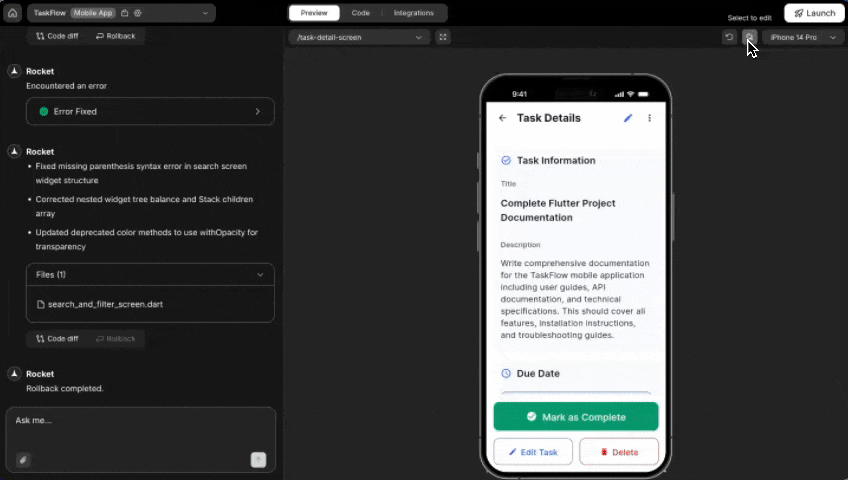 Rocket's visual editing interface for mobile, showing selected UI elements with property controls.