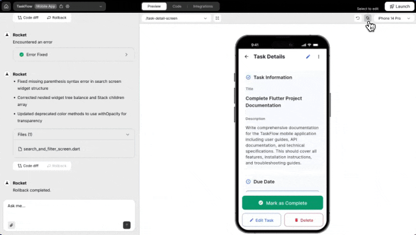 Rocket's visual editing interface for mobile, showing selected UI elements with property controls.