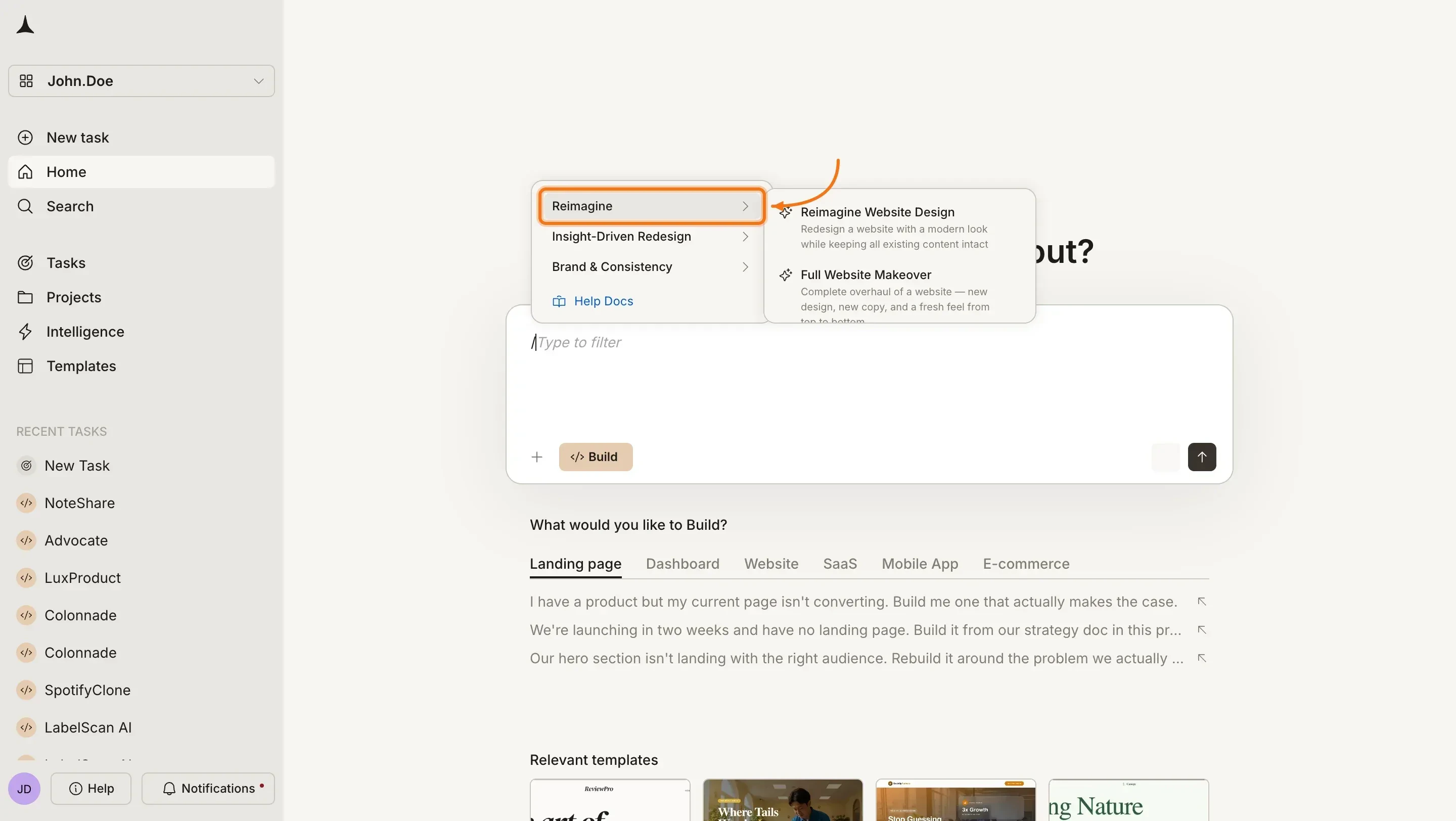 Slash command menu open on the Rocket homepage showing redesign command categories.