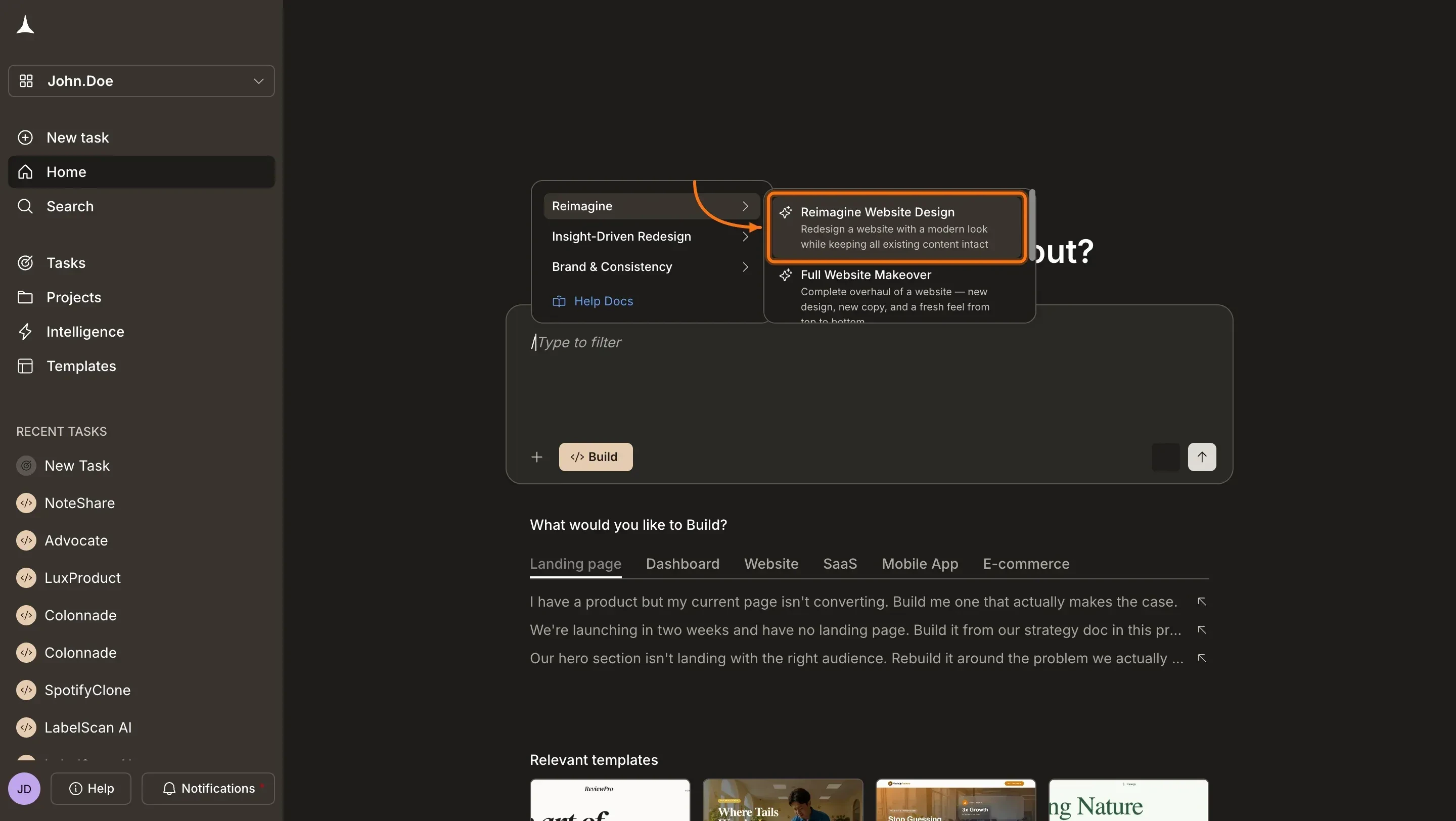 Chat input with a redesign command selected and a URL pasted in, ready to send.