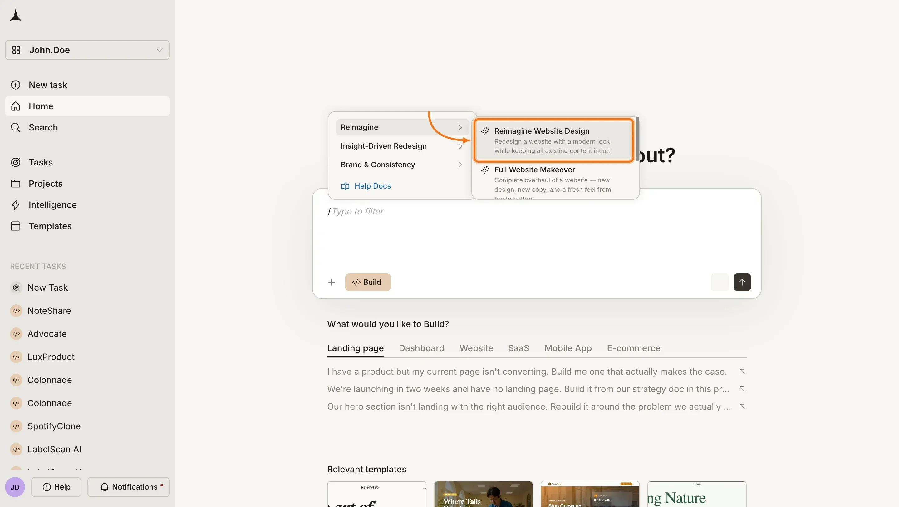 Chat input with a redesign command selected and a URL pasted in, ready to send.
