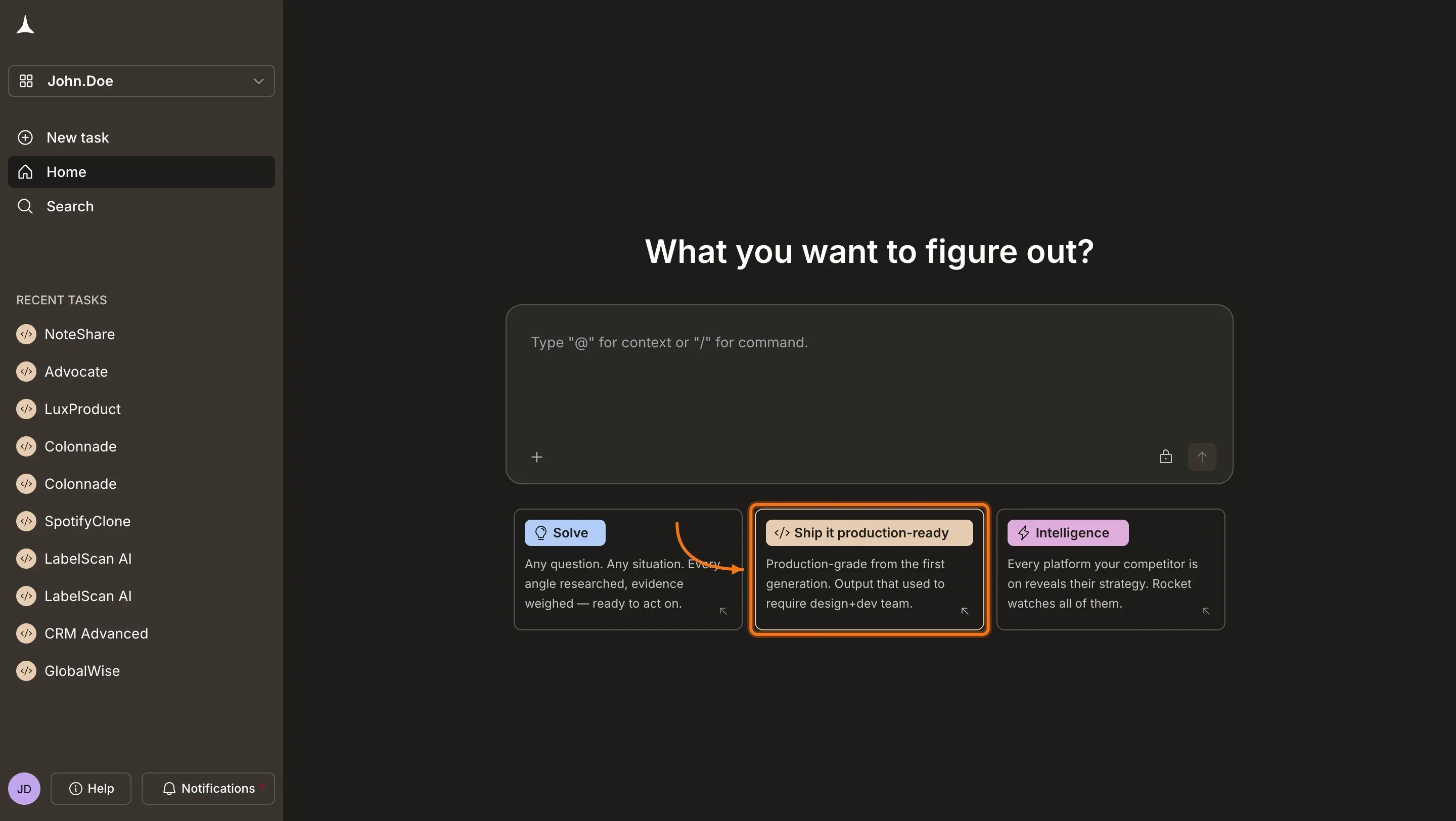 Rocket homepage with Build option selected to start a new Build task.