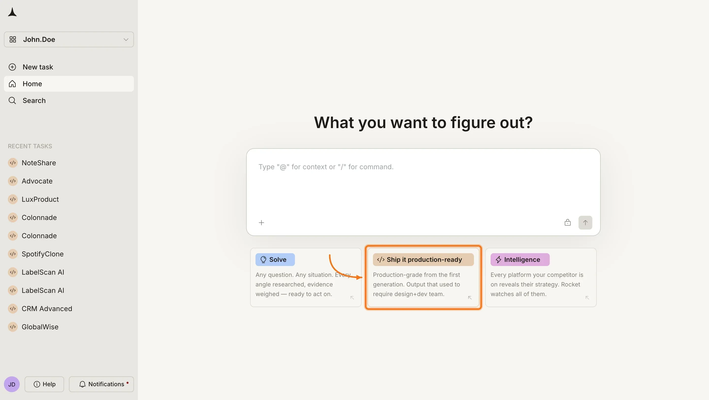 Rocket homepage with Build option selected to start a new Build task.