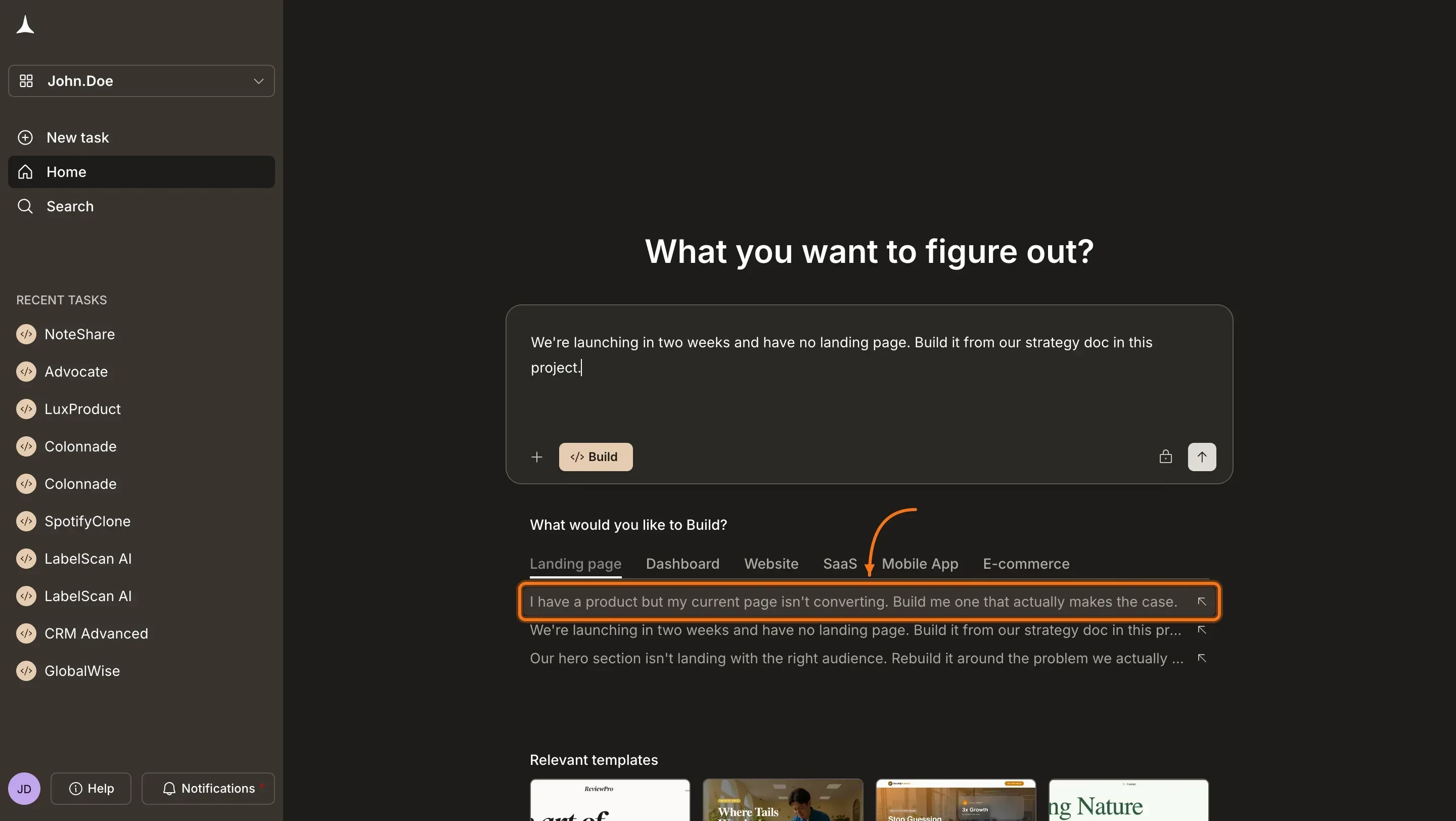 Build category tabs with example prompt suggestions. A suggestion is highlighted and auto-fills into the input.