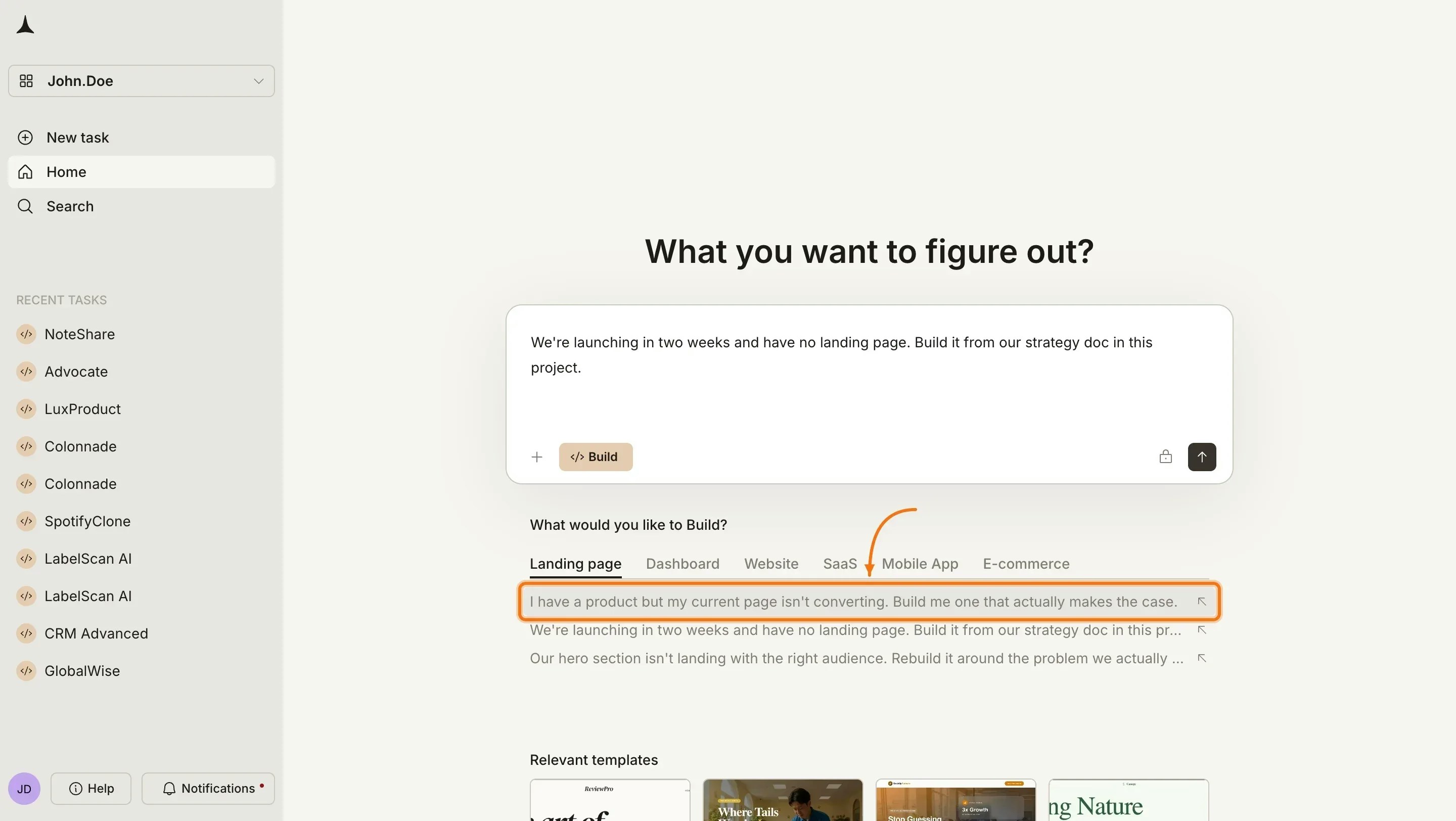 Build category tabs with example prompt suggestions. A suggestion is highlighted and auto-fills into the input.