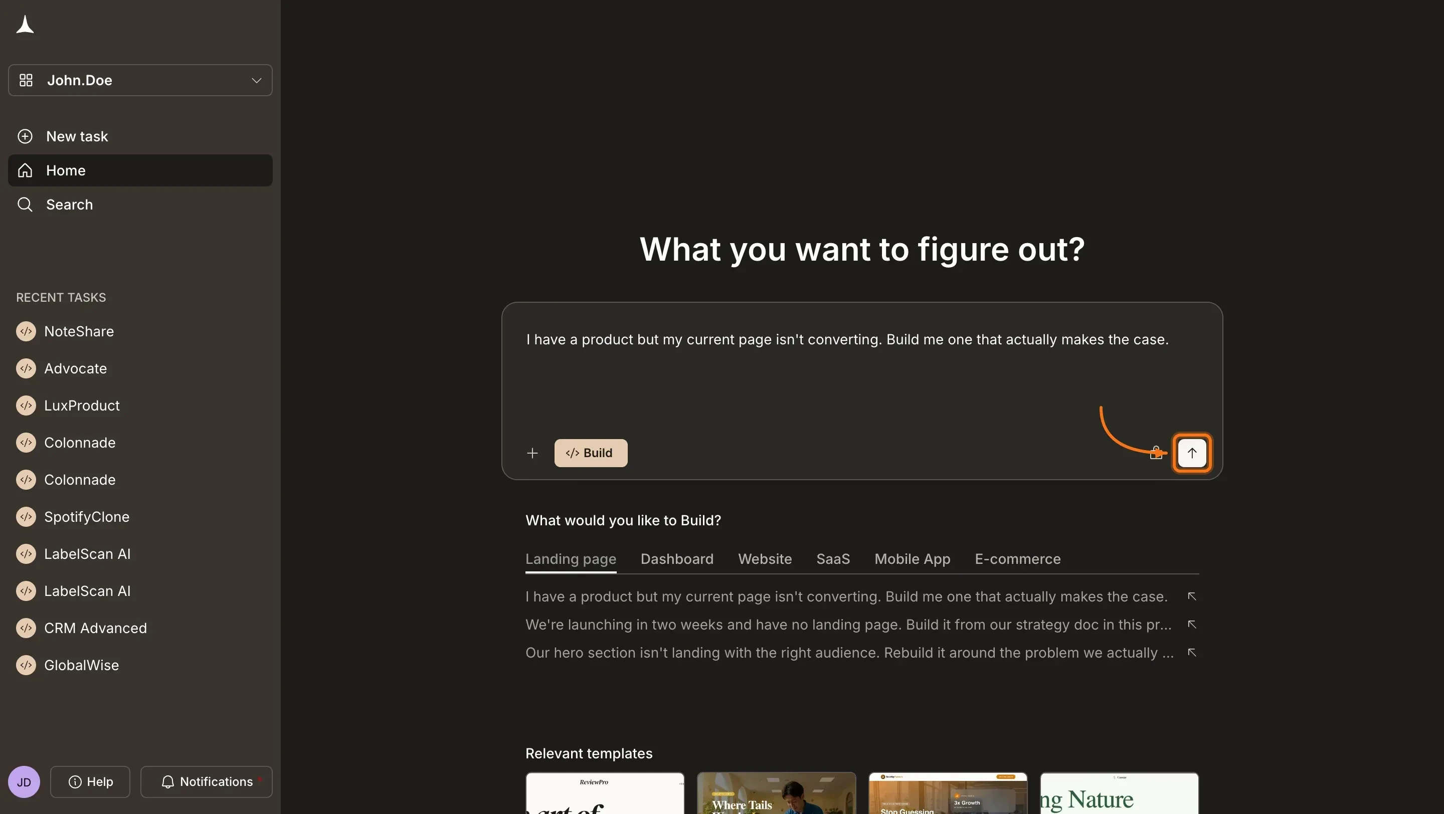 Prompt filled in the input box with the send button highlighted.