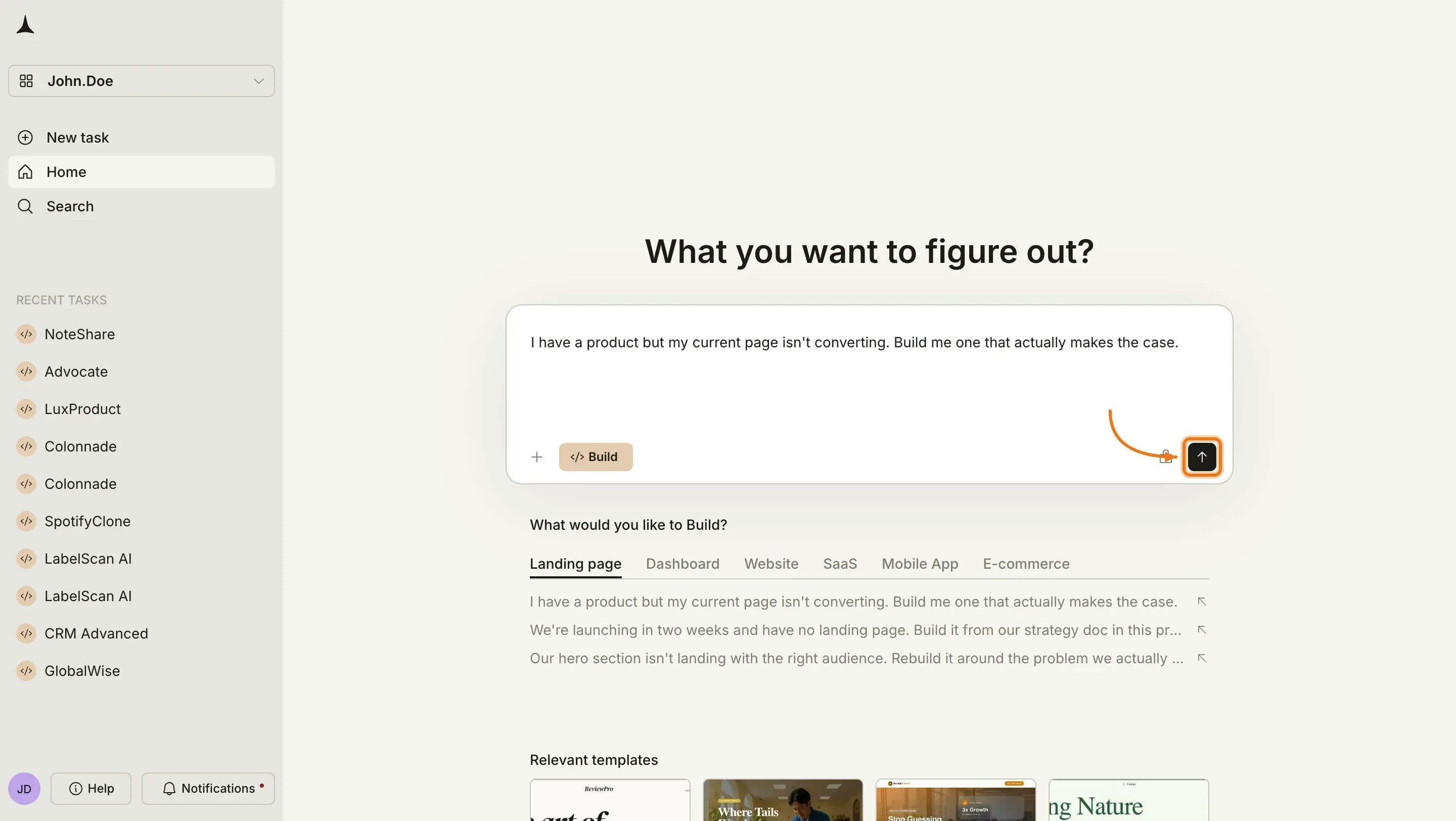 Prompt filled in the input box with the send button highlighted.