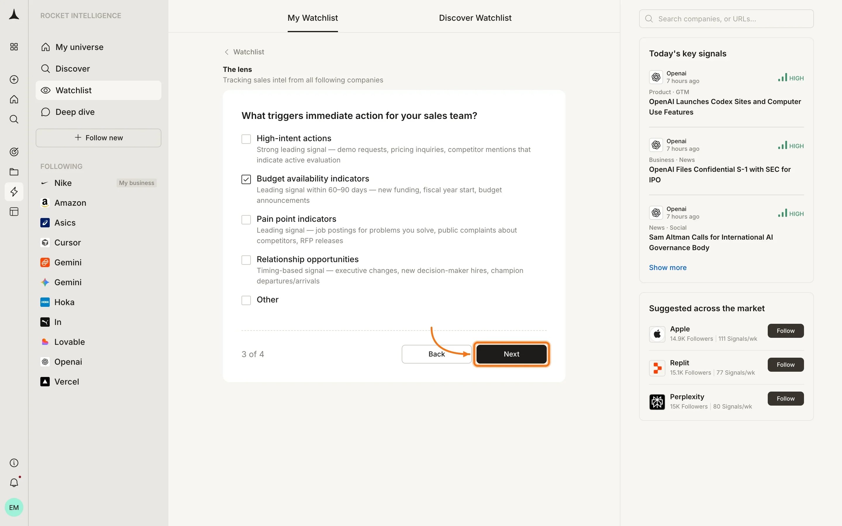 Clarifying questions step with multi-choice options to refine the watchlist lens