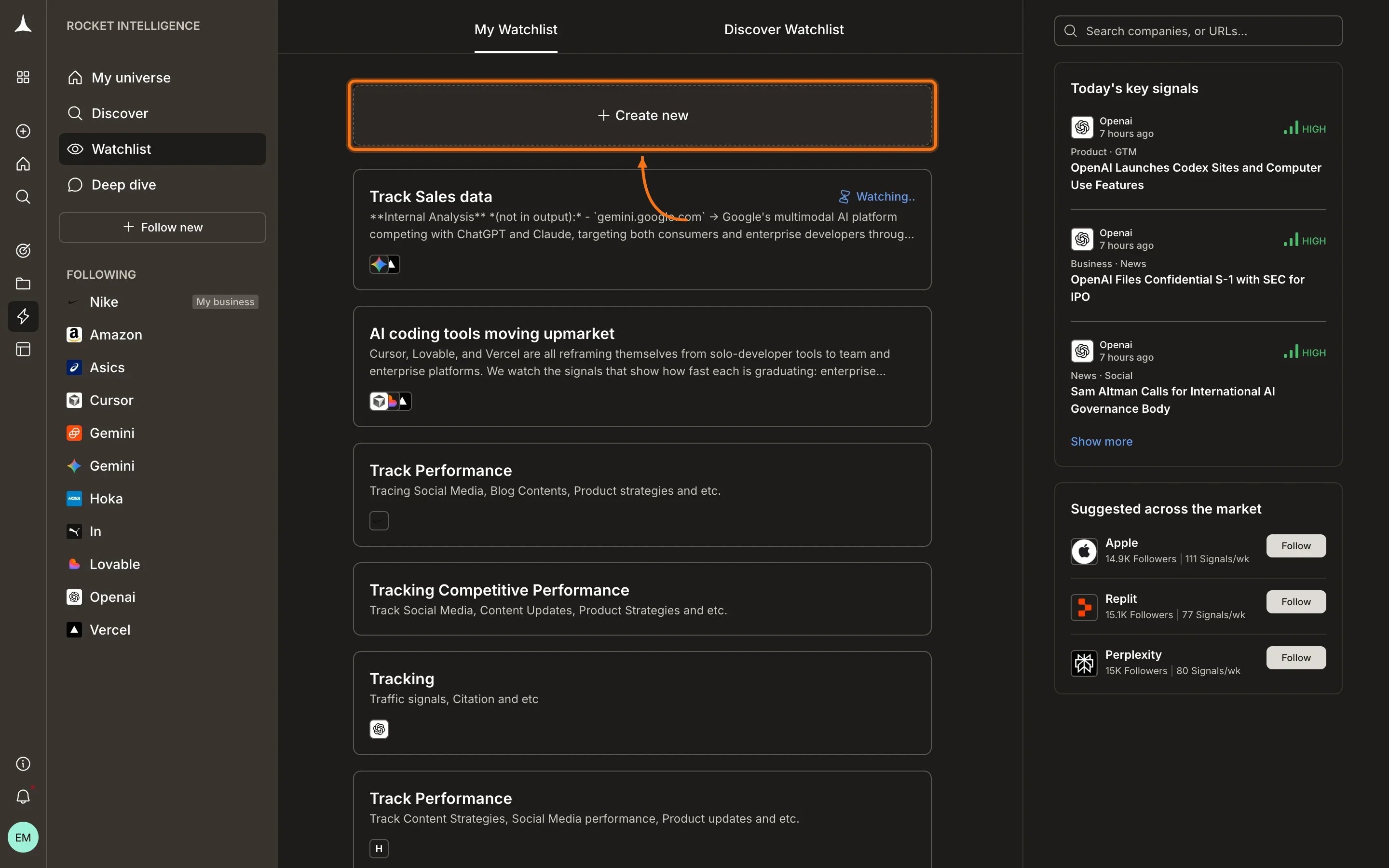 Create Watchlist button highlighted at the top of the watchlist list