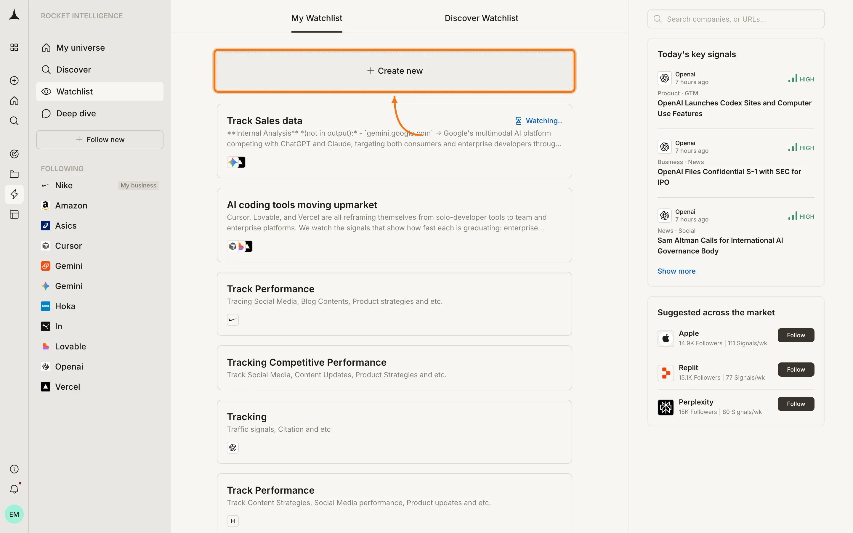 Create Watchlist button highlighted at the top of the watchlist list
