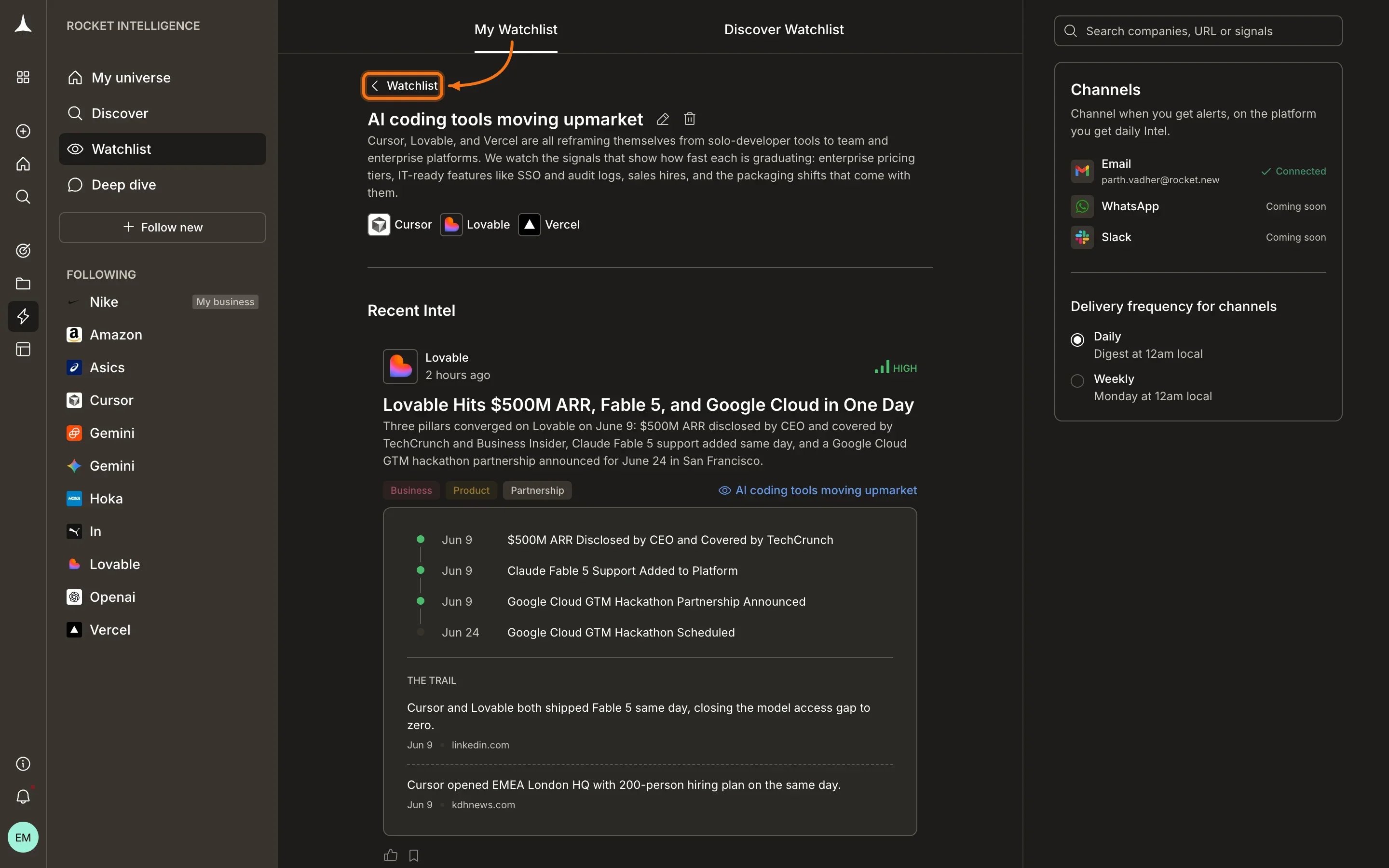 Watchlist detail view showing lens, companies, recent Intel, and delivery channels