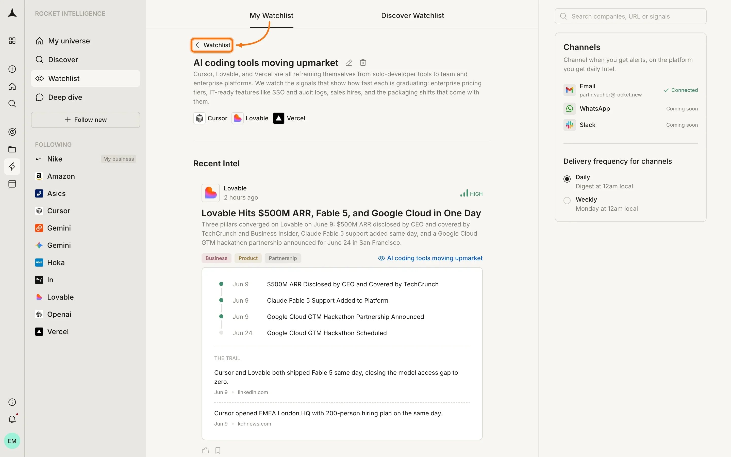 Watchlist detail view showing lens, companies, recent Intel, and delivery channels