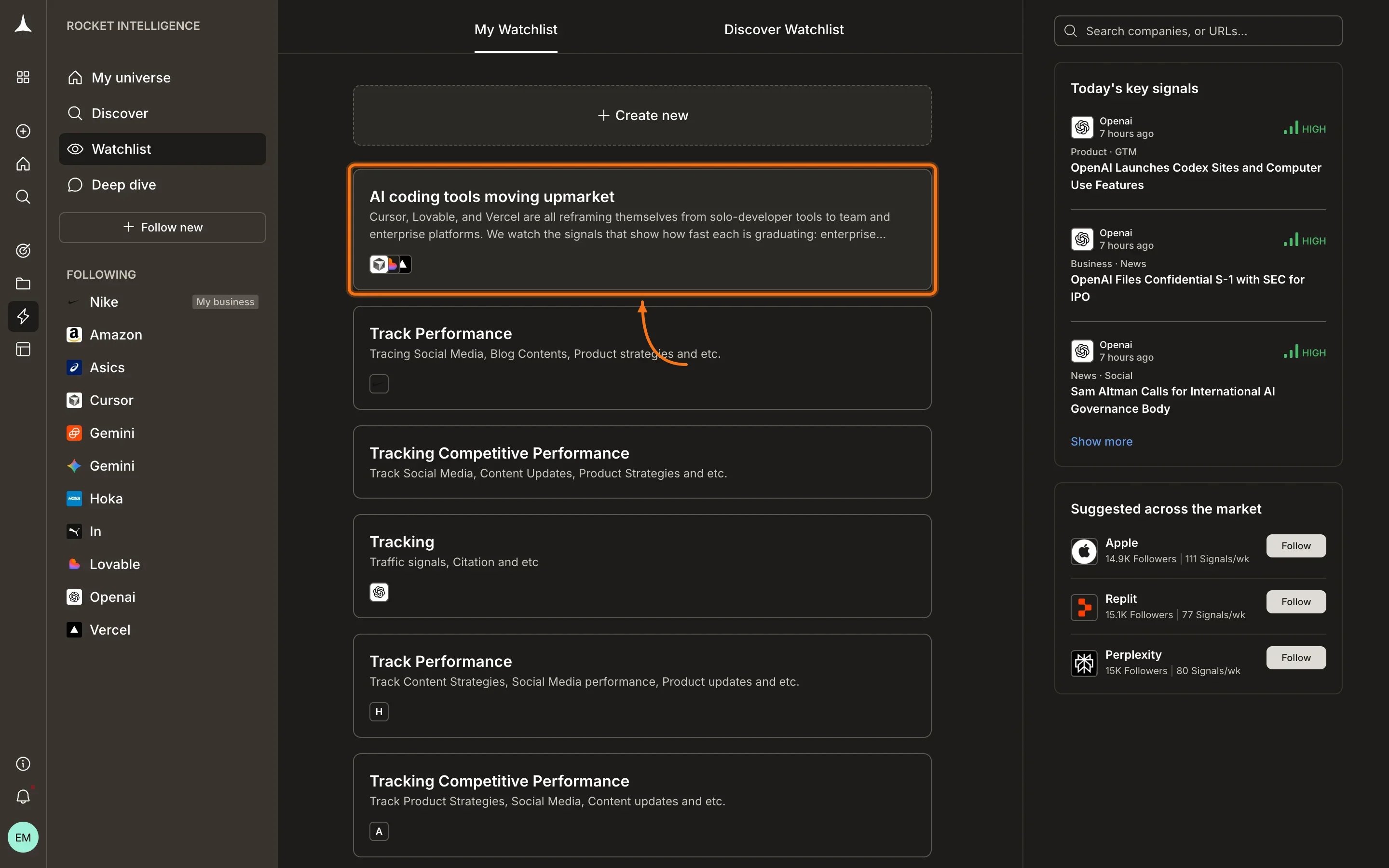 Watchlist list showing multiple watchlists with names, descriptions, and company logos