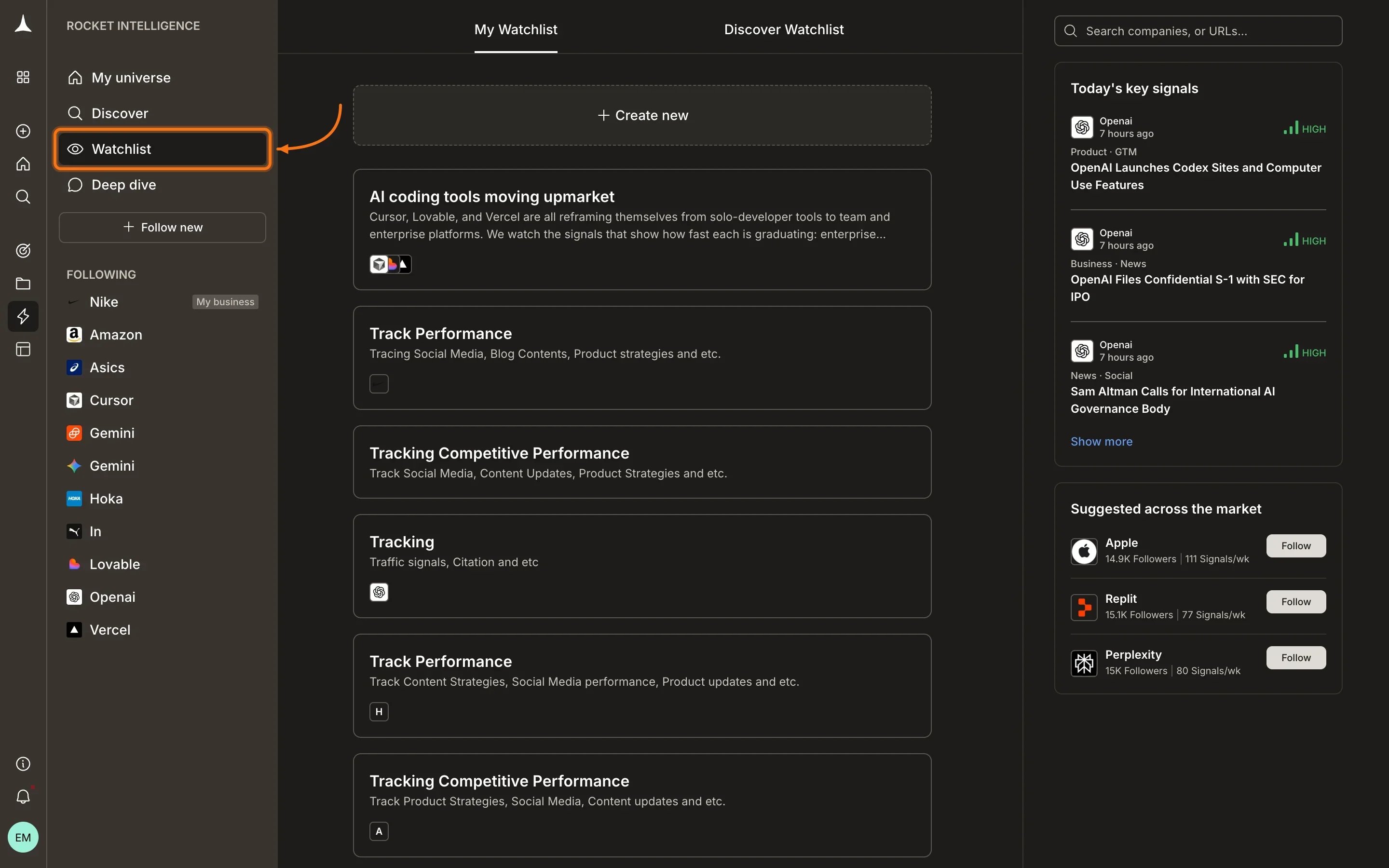Watchlist link highlighted in the sidebar navigation