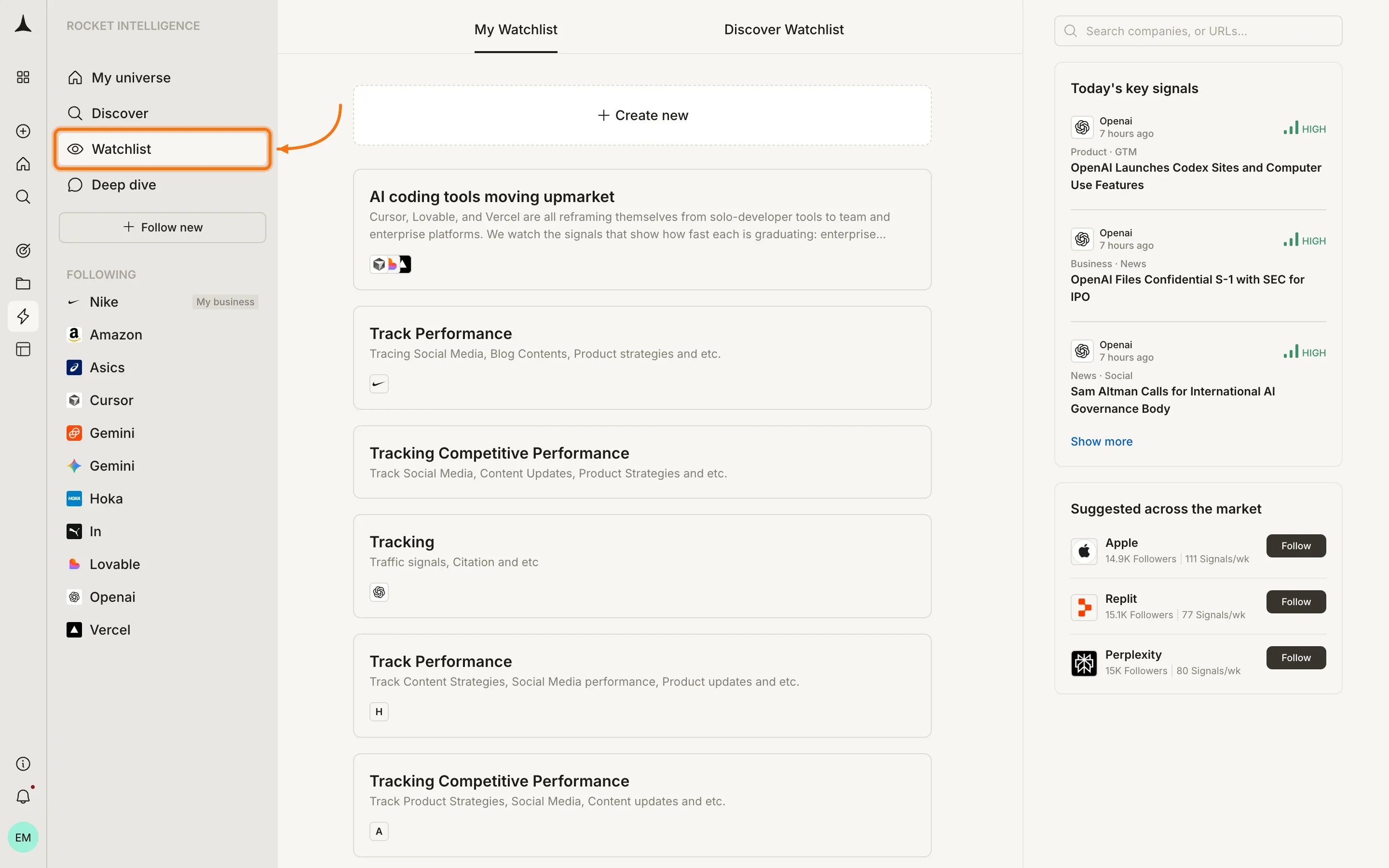 Watchlist link highlighted in the sidebar navigation