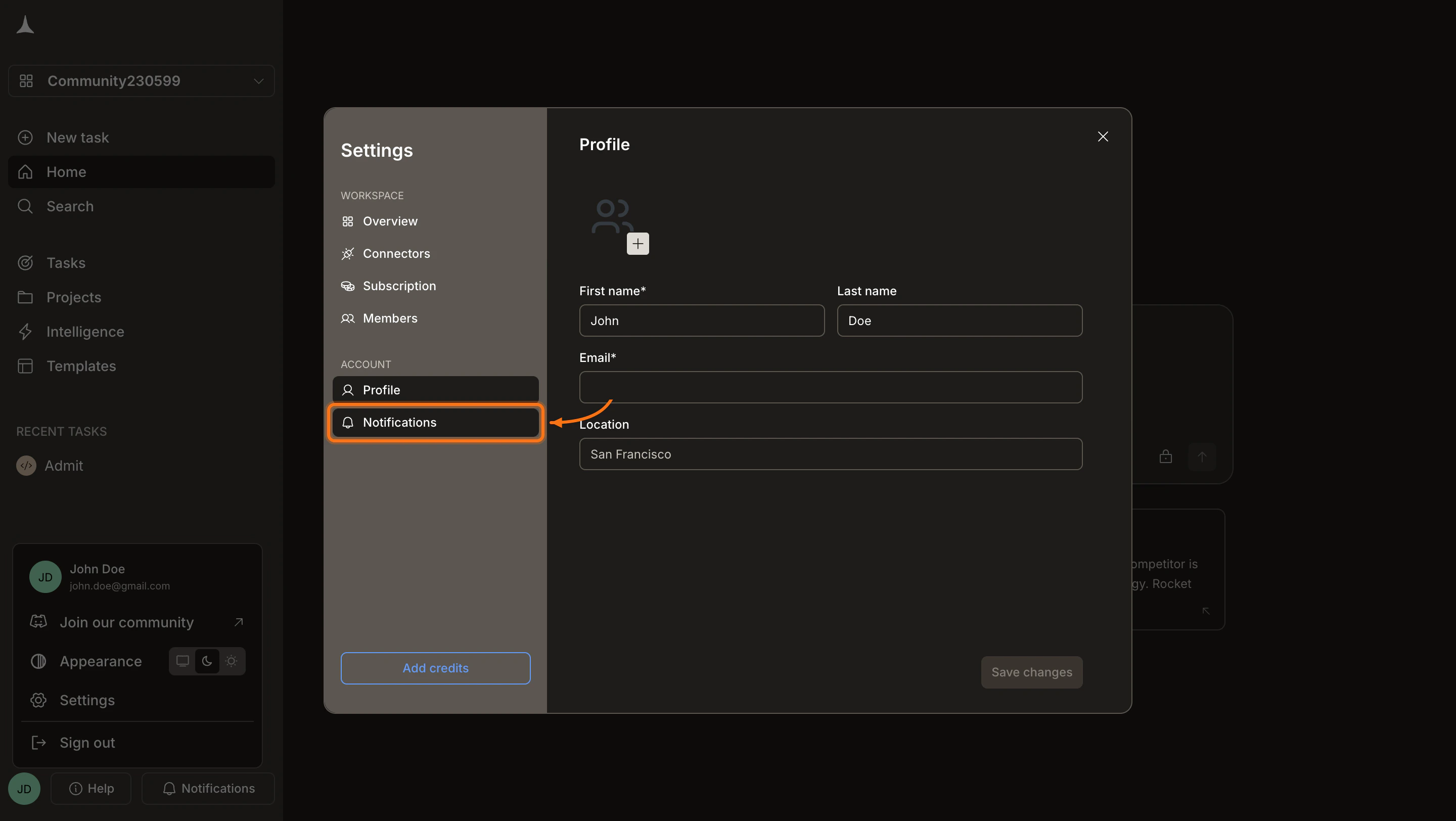 Settings panel with Notifications tab highlighted in the sidebar.