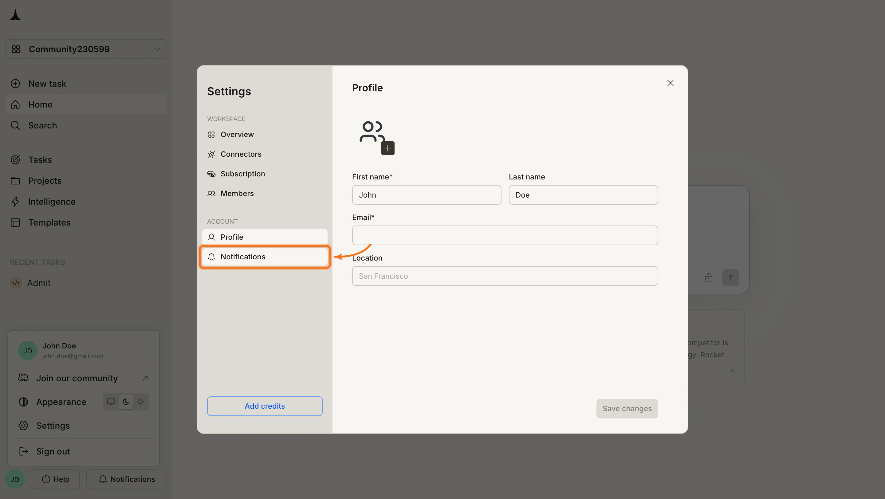 Settings panel with Notifications tab highlighted in the sidebar.