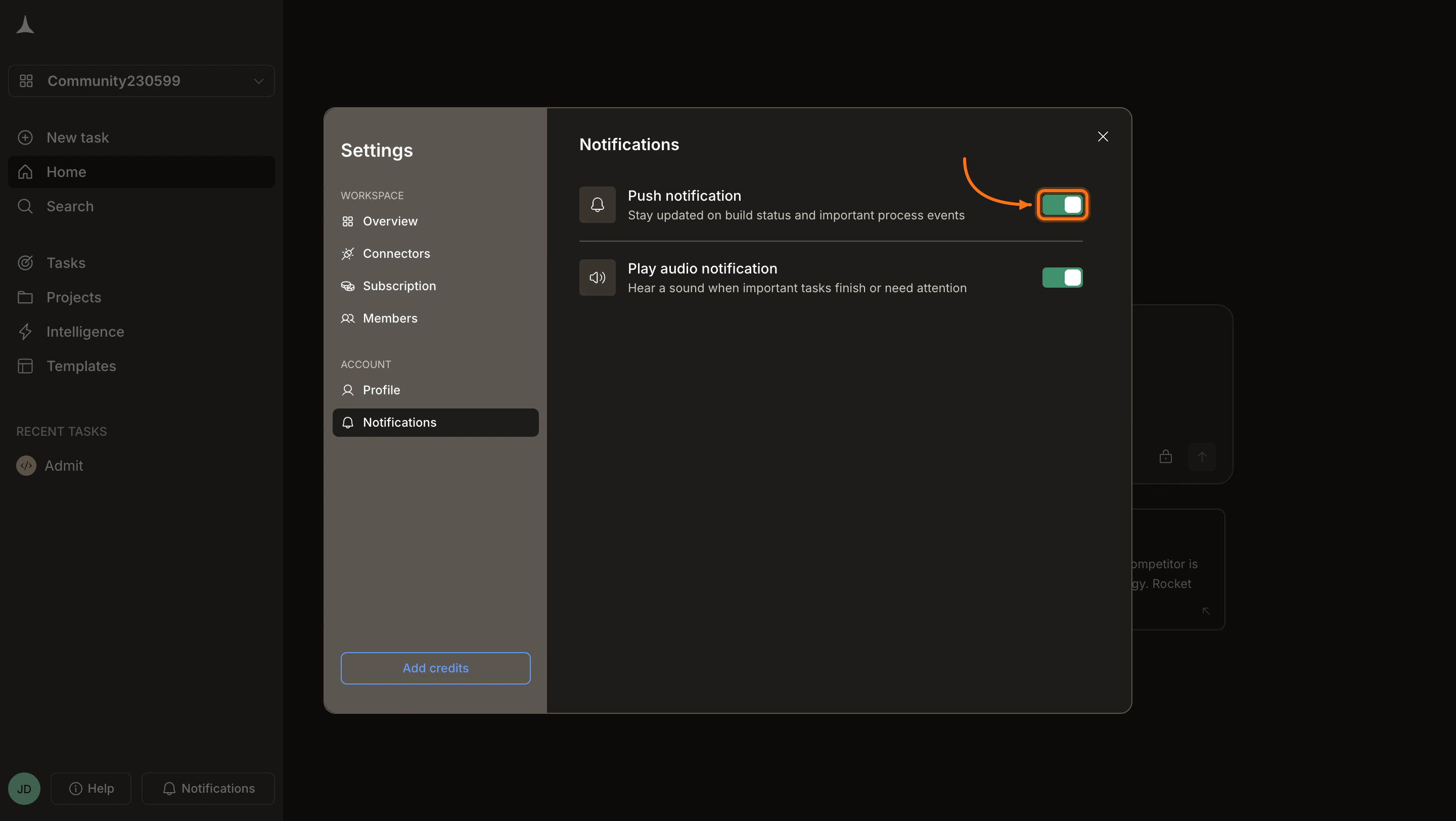 Notifications settings panel showing Push notification and Play audio notification toggles.