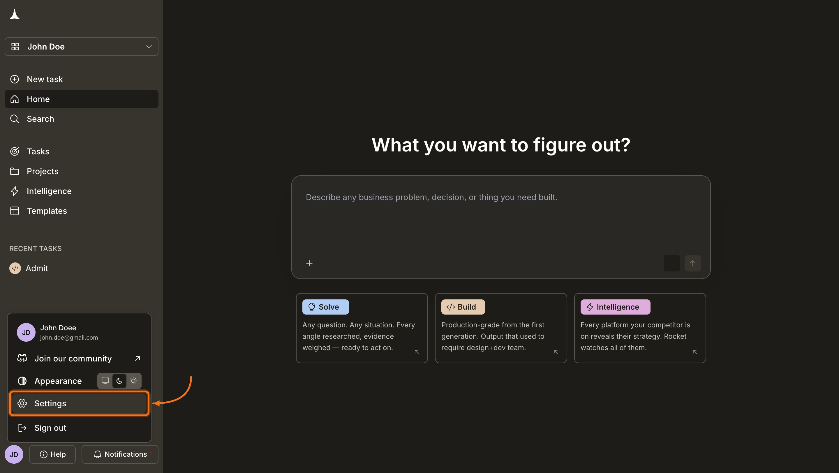 Account menu open with Settings highlighted.