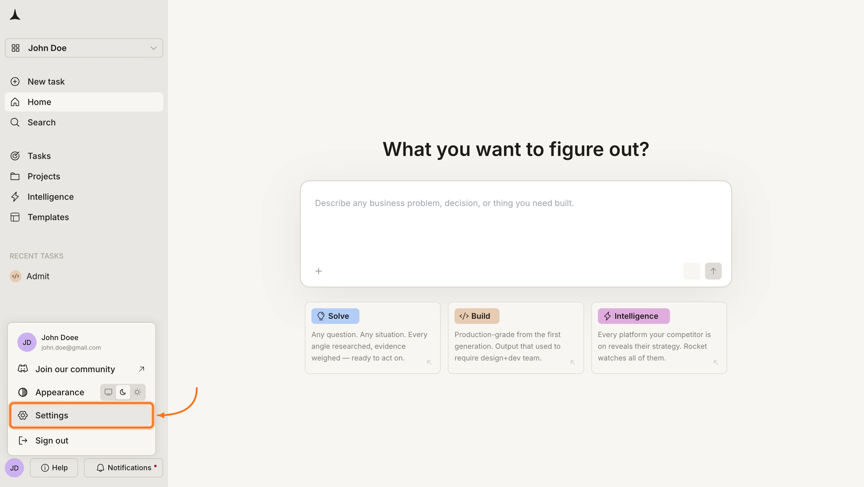 Account menu open with Settings highlighted.