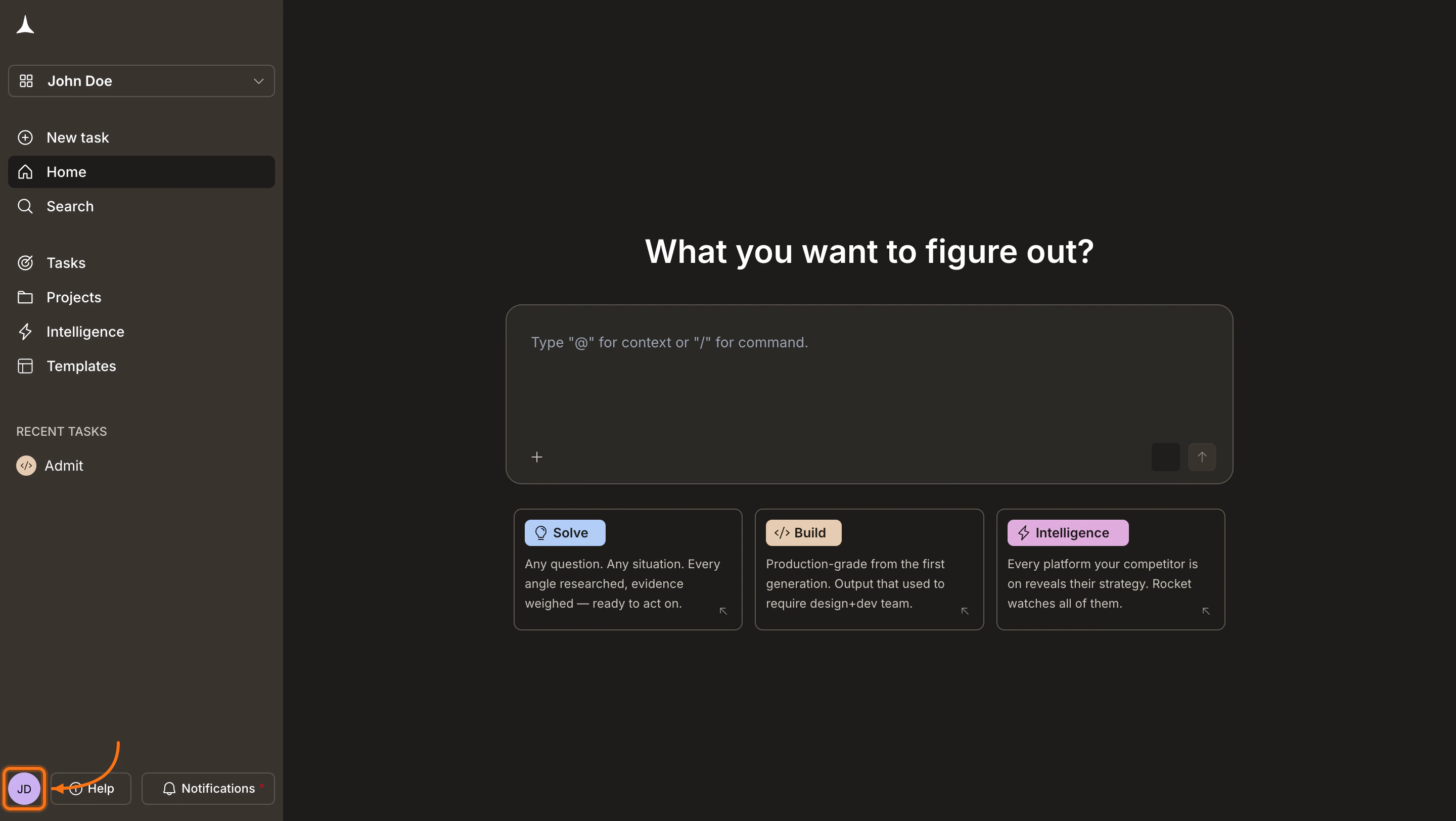 Rocket home screen with the avatar highlighted in the bottom-left corner.