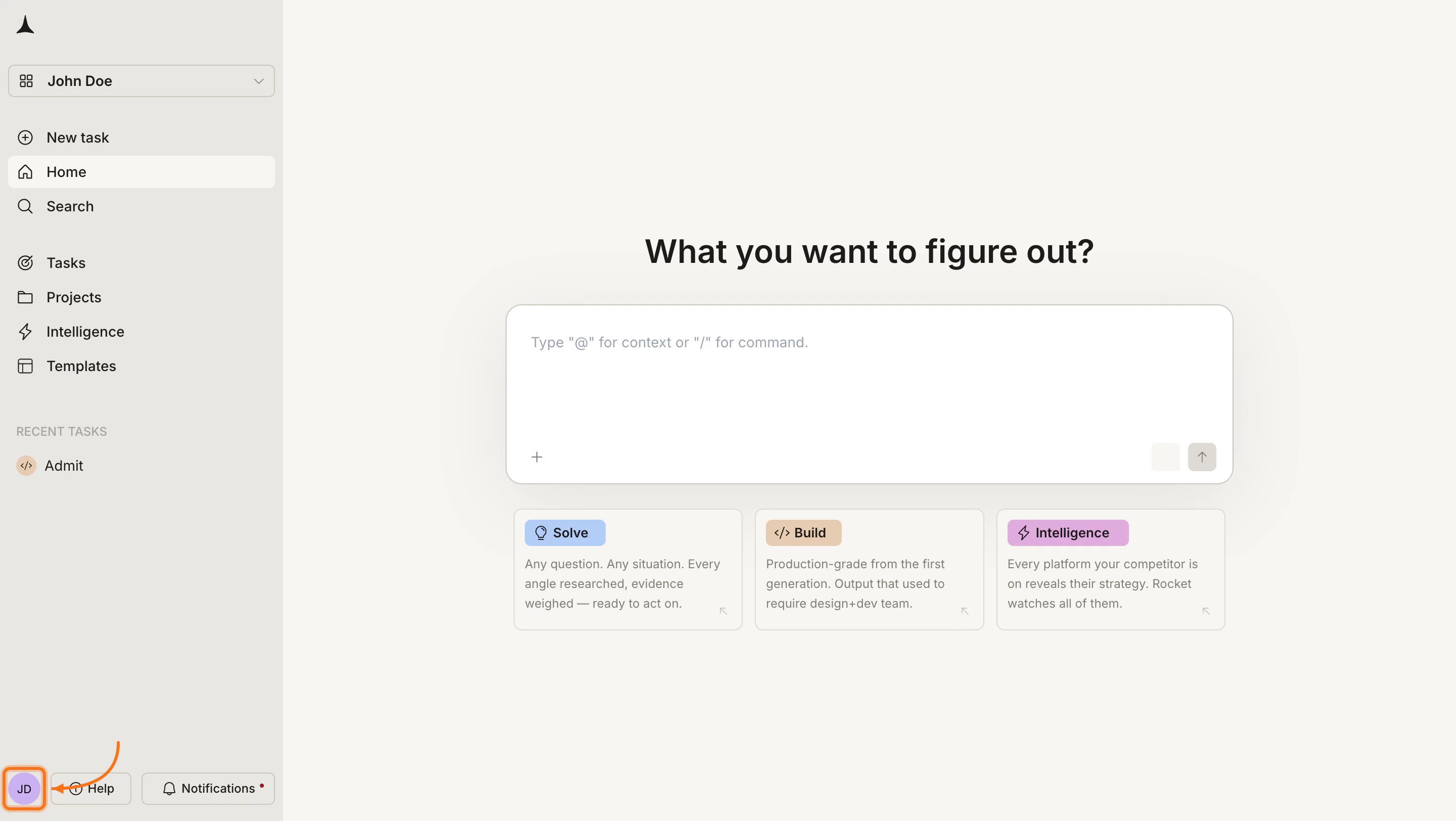 Rocket home screen with the avatar highlighted in the bottom-left corner.
