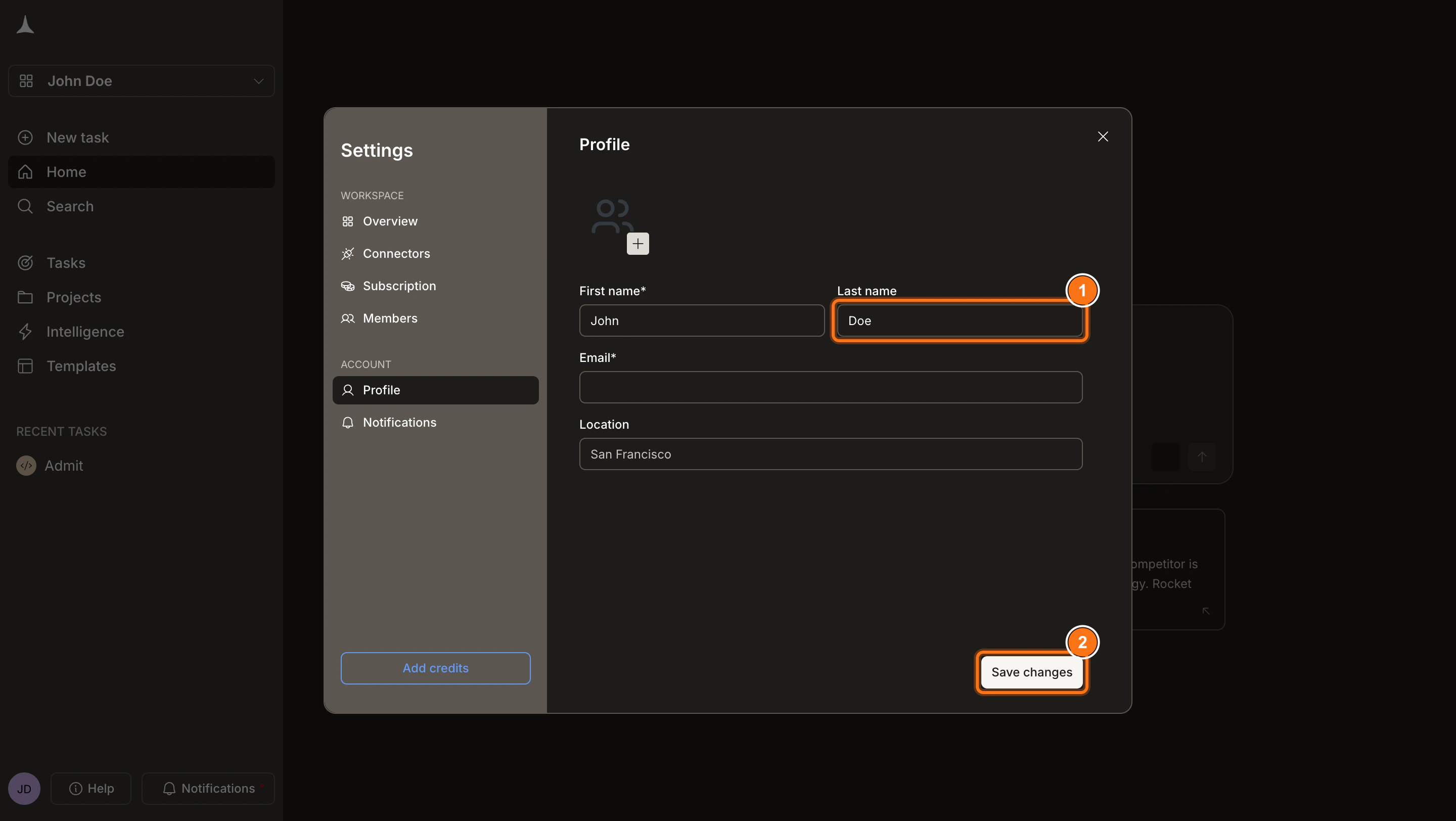 Profile settings panel with fields and Save changes button highlighted.