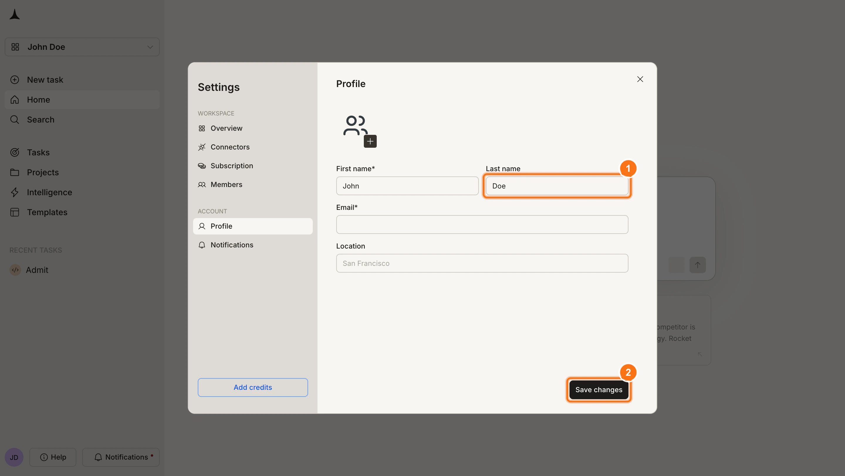 Profile settings panel with fields and Save changes button highlighted.