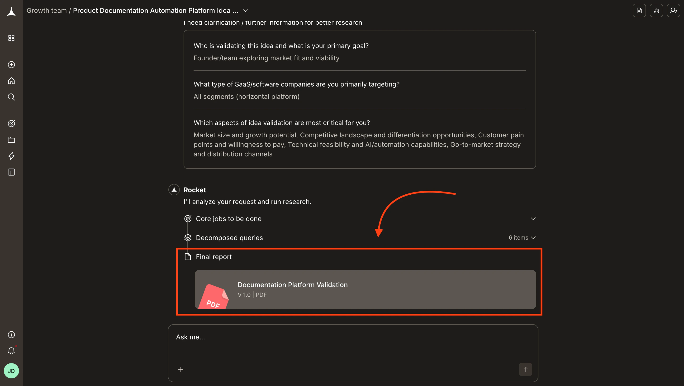 Solve report open in the right panel showing the five-part report structure