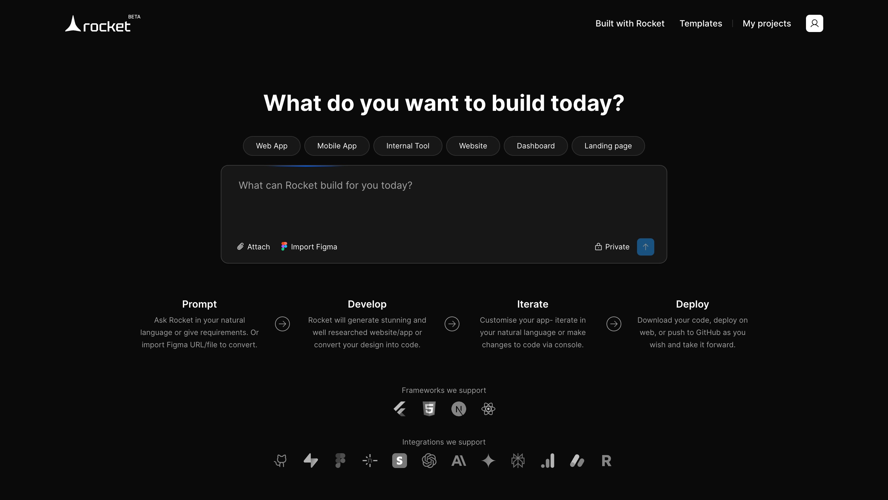 Rocket homepage with idea input field