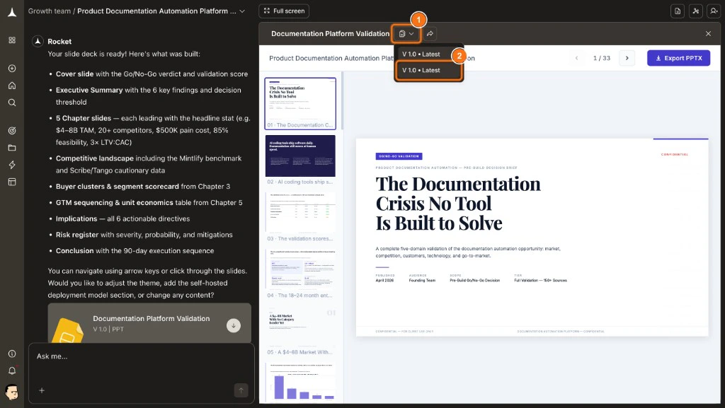 Version dropdown open in the report toolbar showing V 1.0 Latest options