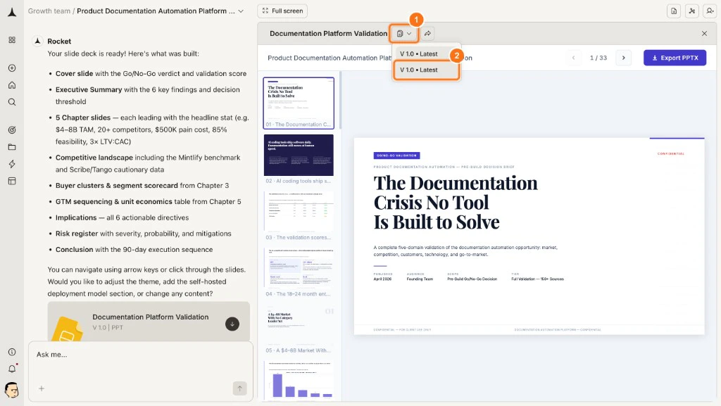 Version dropdown open in the report toolbar showing V 1.0 Latest options