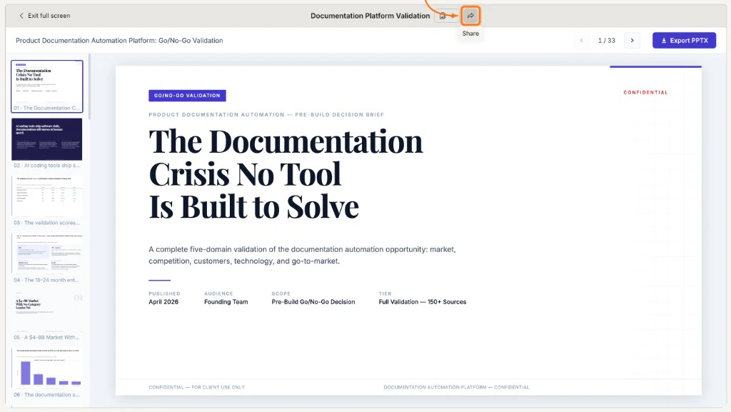 Full-screen report view with the Share button highlighted in the toolbar
