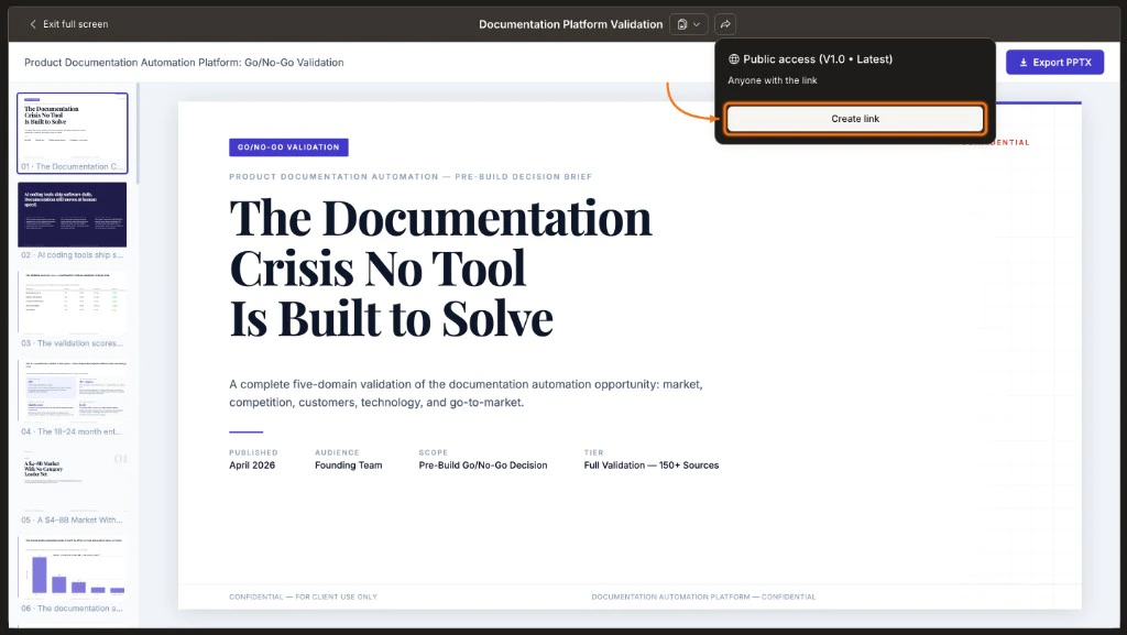 Share dropdown open showing Public access and Create link option