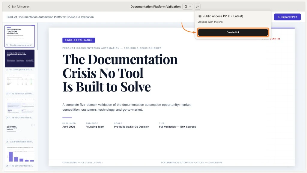 Share dropdown open showing Public access and Create link option