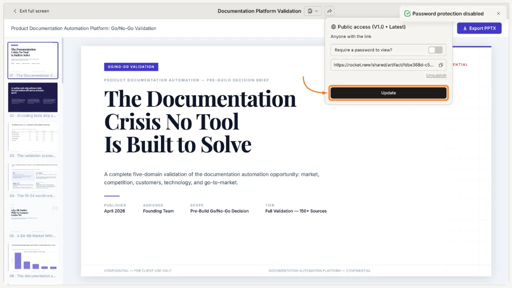 Share dialog showing password protection disabled with the Update button highlighted