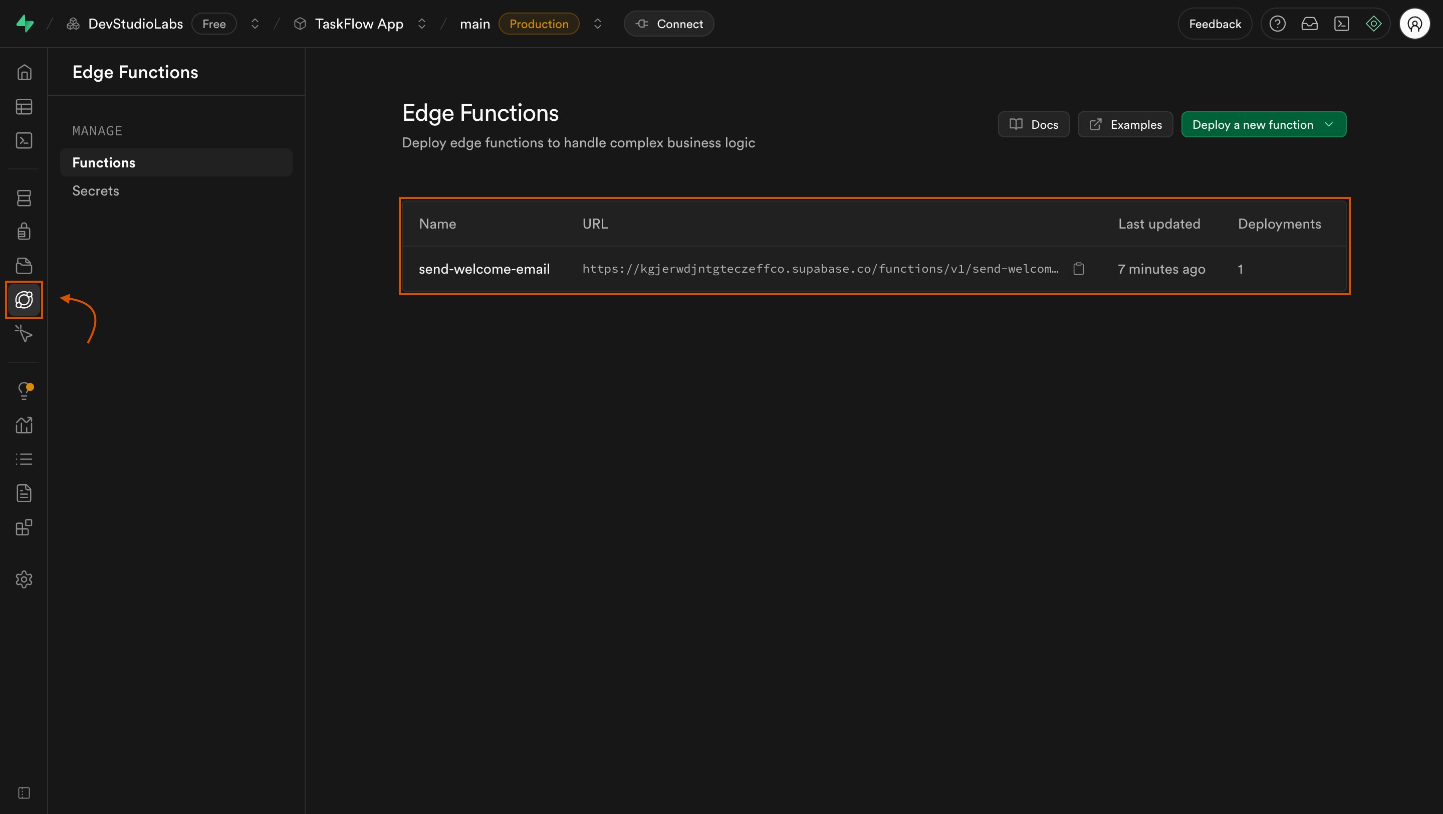 Supabase dashboard showing a list of deployed Edge Functions.