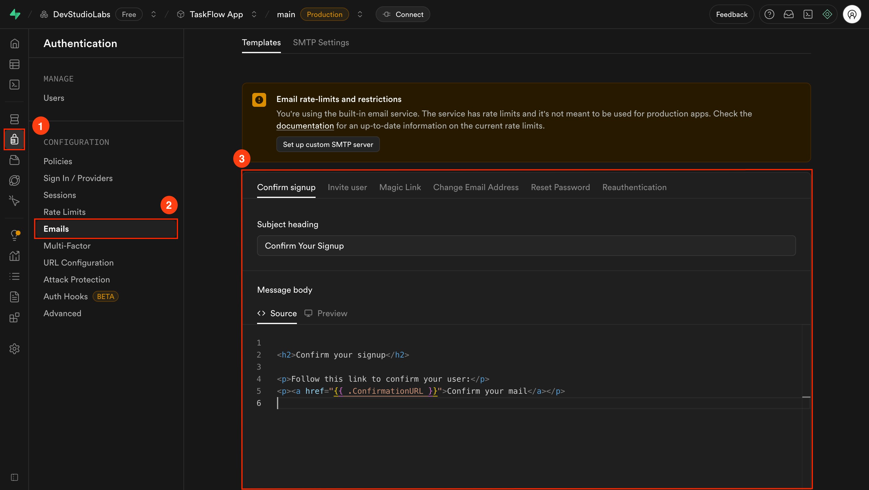 Supabase Email Templates tab showing configuration options for confirmation and reset emails.