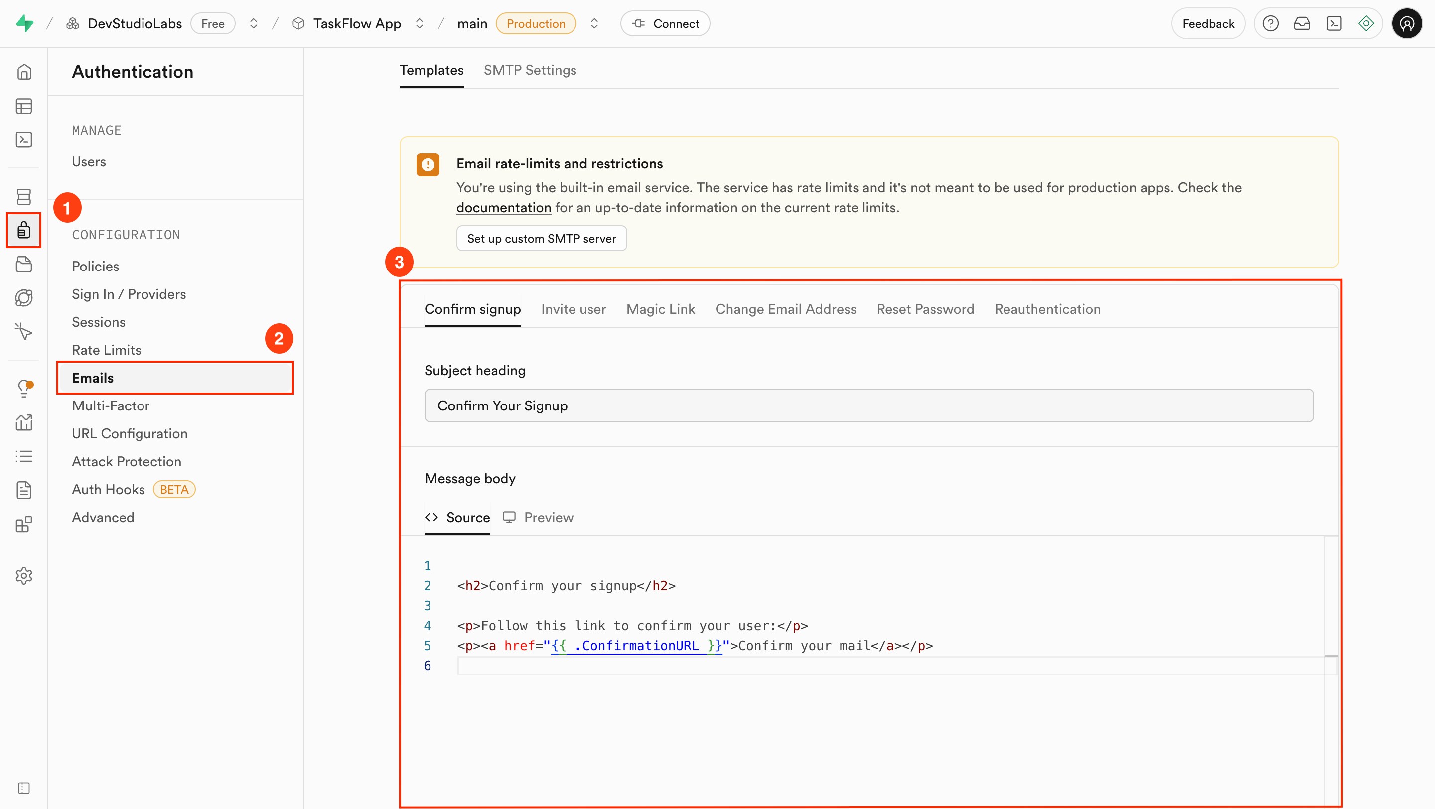 Supabase Email Templates tab showing configuration options for confirmation and reset emails.