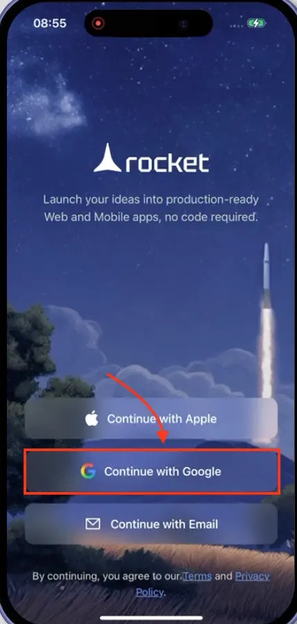 Google option selection for mobile sign-up.