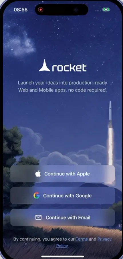 Mobile sign-up screen showing Google, Apple ID, and email sign-up options.