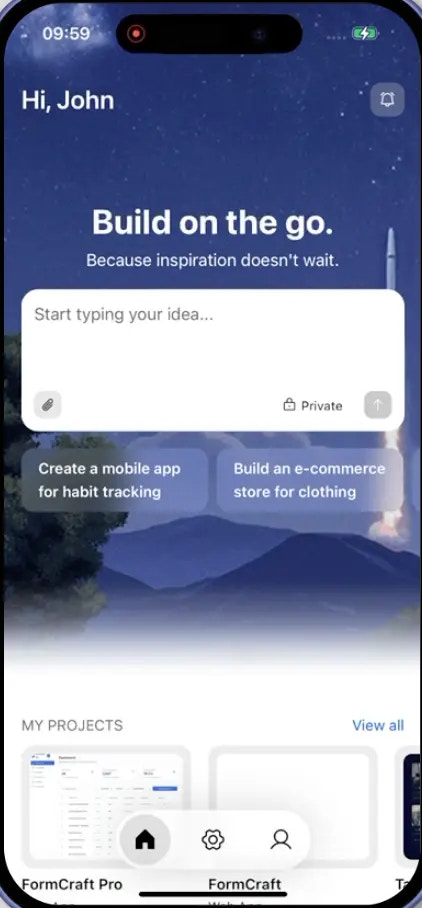 Rocket mobile app home screen showing account logged in after sign-up.