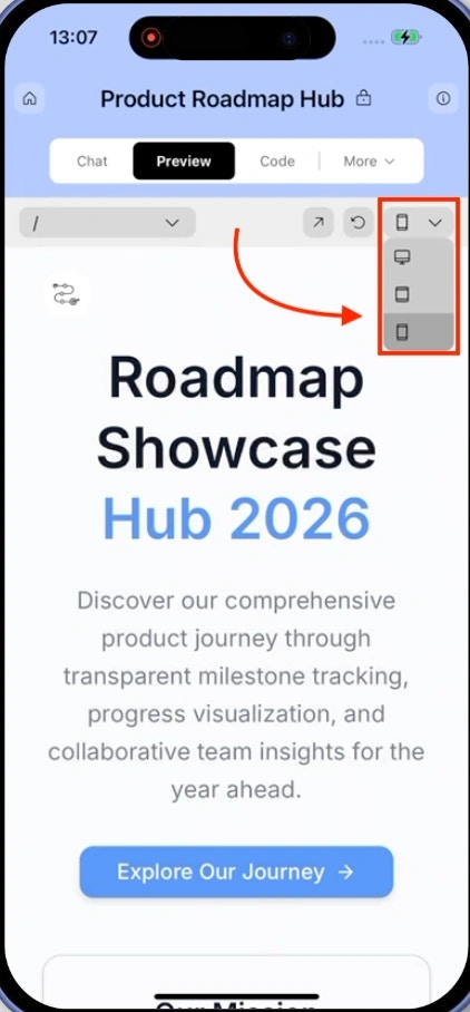 Device type dropdown showing responsive view options in preview.